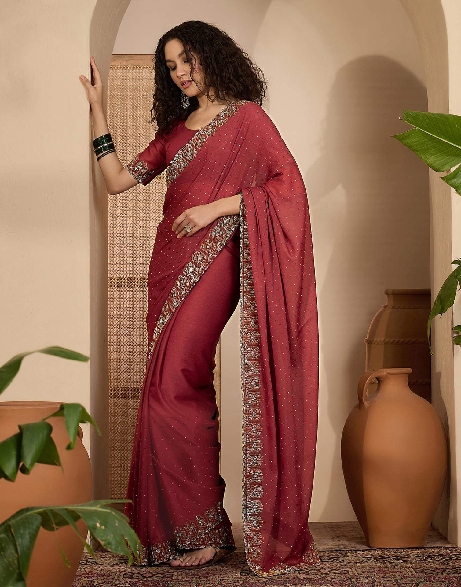 Rust Shimmer Stone Work Swarovski Saree - Image 4
