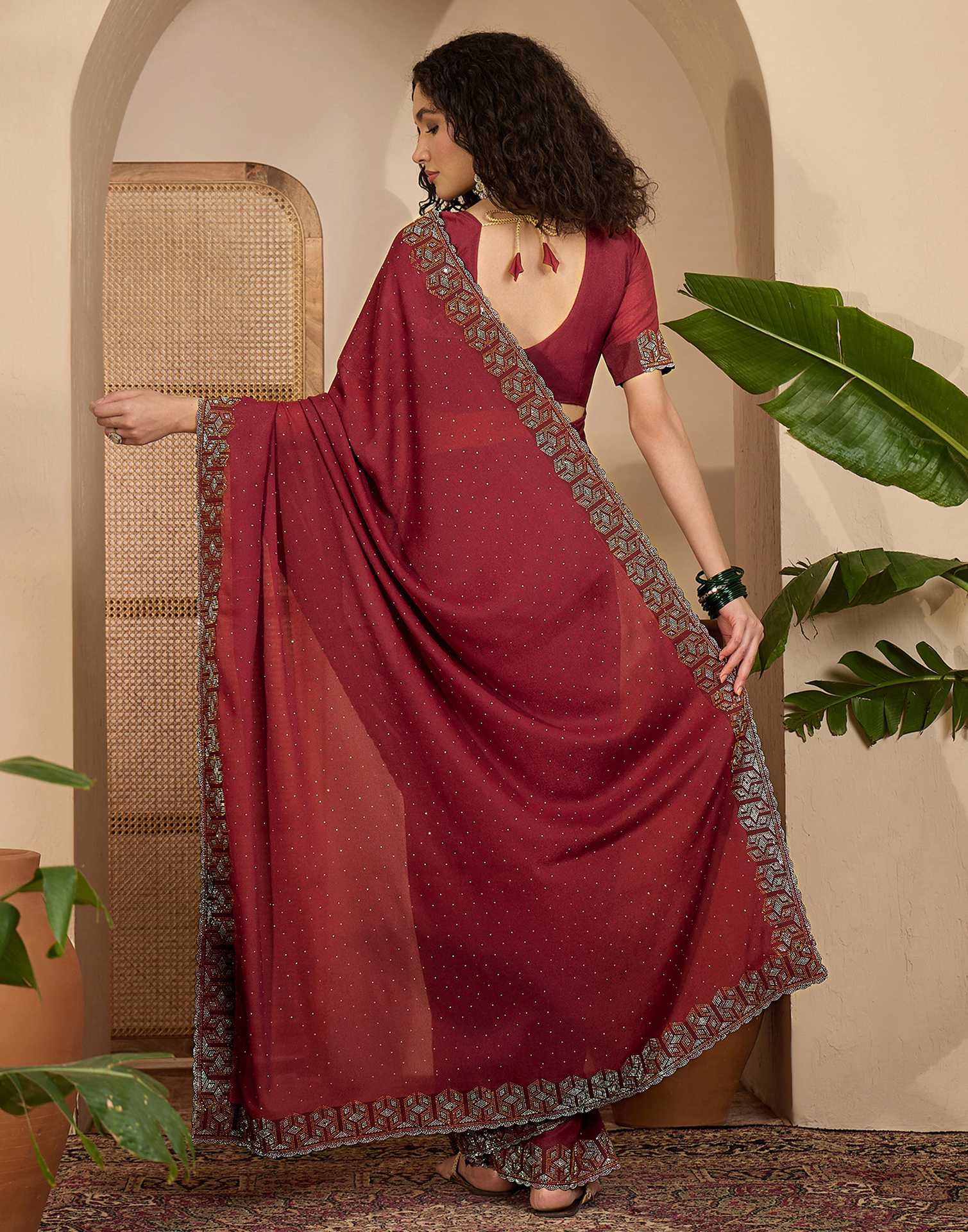 Rust Shimmer Stone Work Swarovski Saree - Image 6
