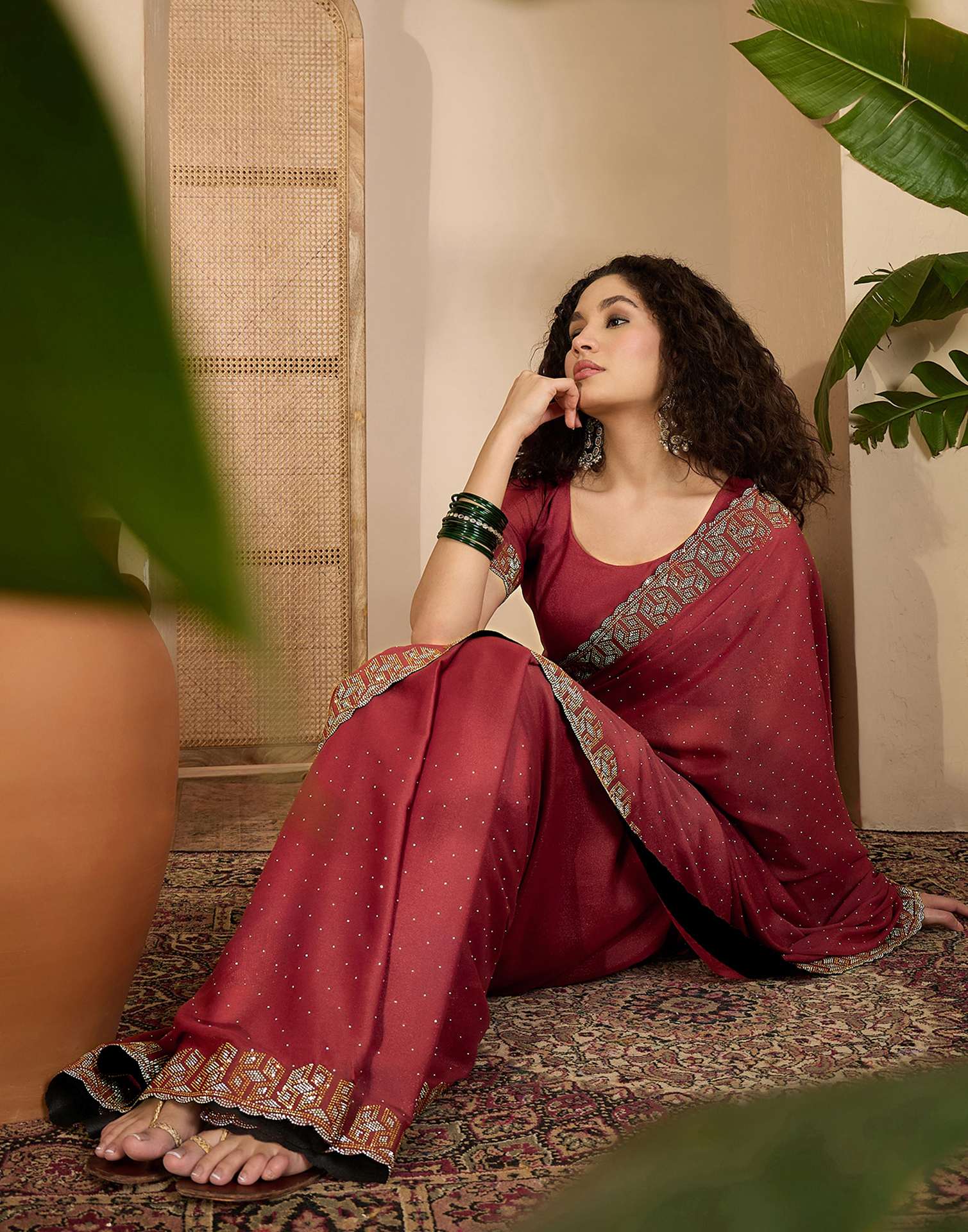 Rust Shimmer Stone Work Swarovski Saree - Image 7