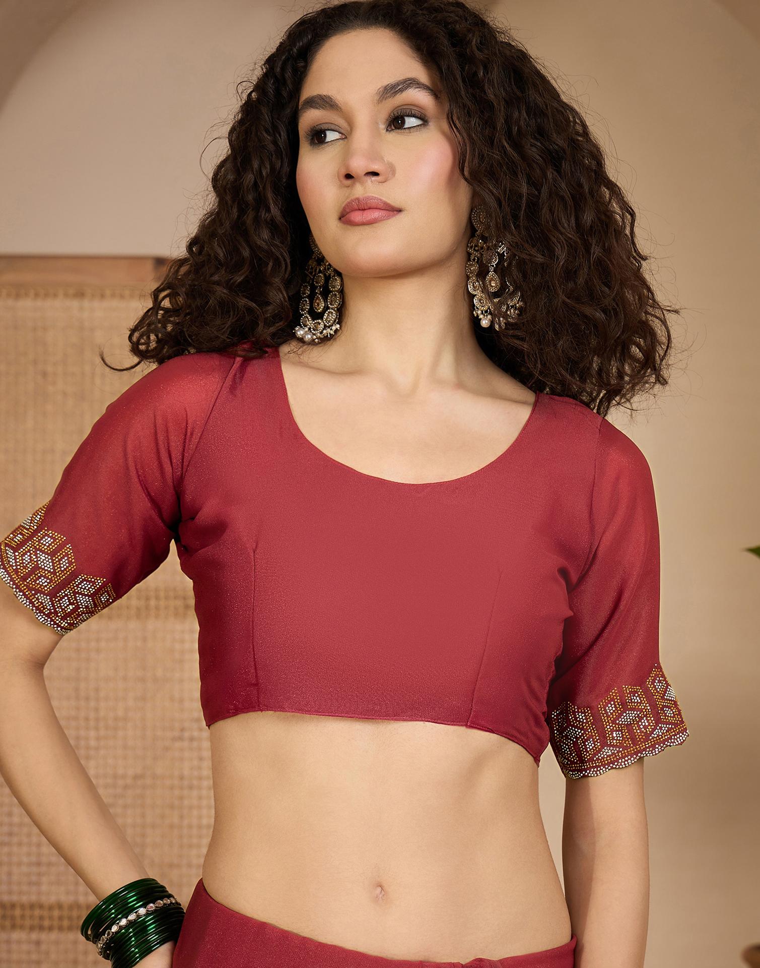 Rust Shimmer Stone Work Swarovski Saree - Image 9