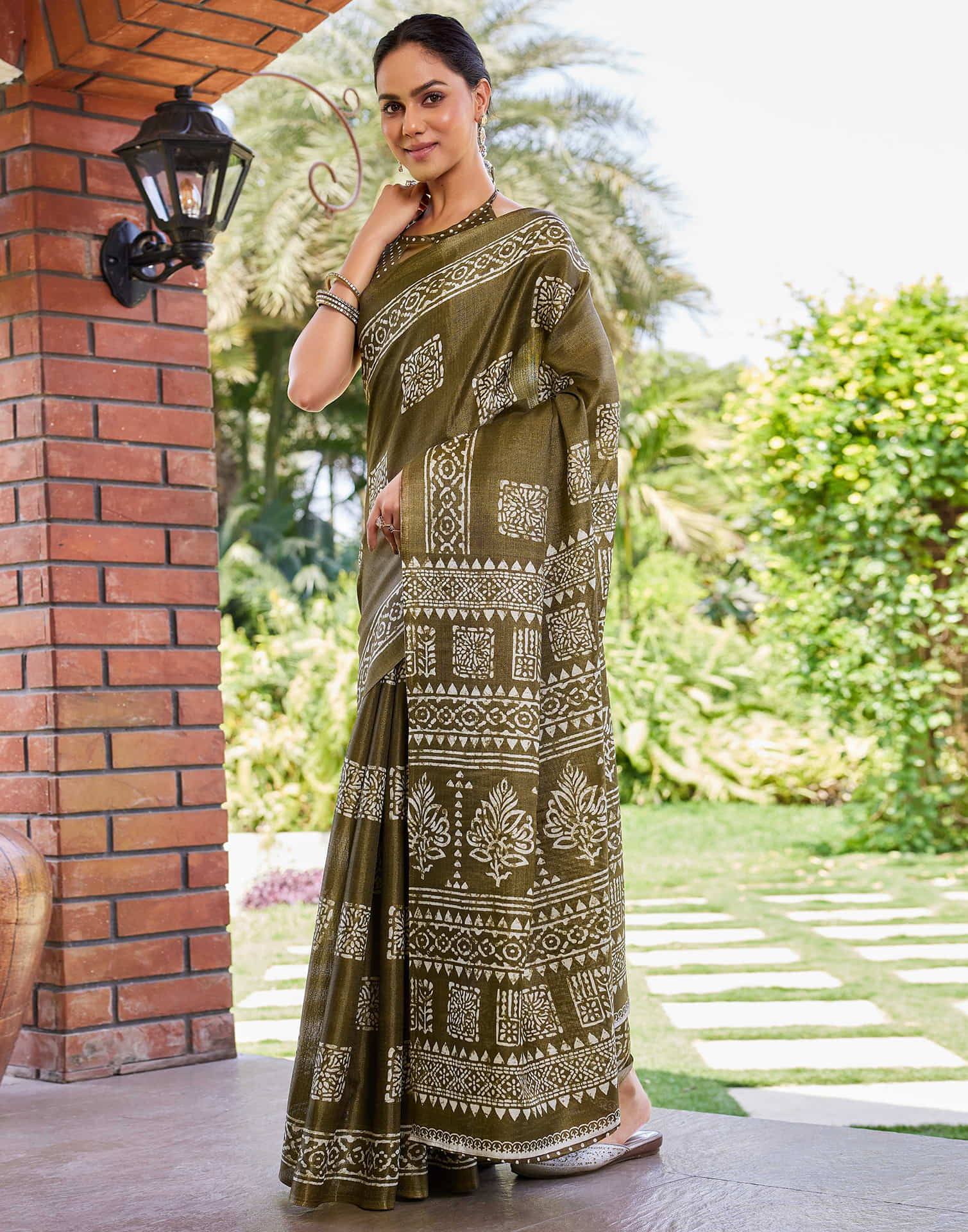 Sage Green Cotton Blend Printed Saree - Image 7