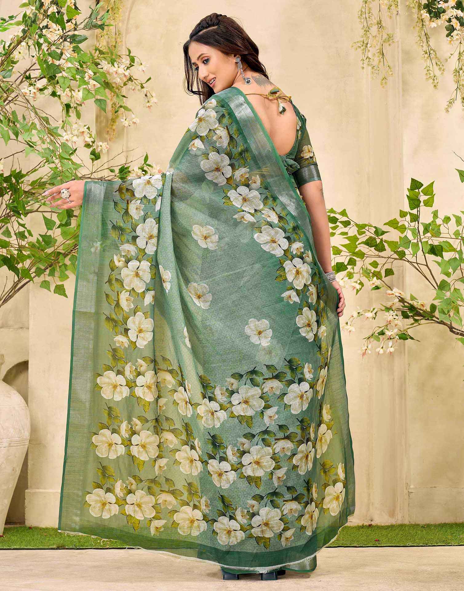 Sage Green Cotton Floral Printed Saree - Image 6