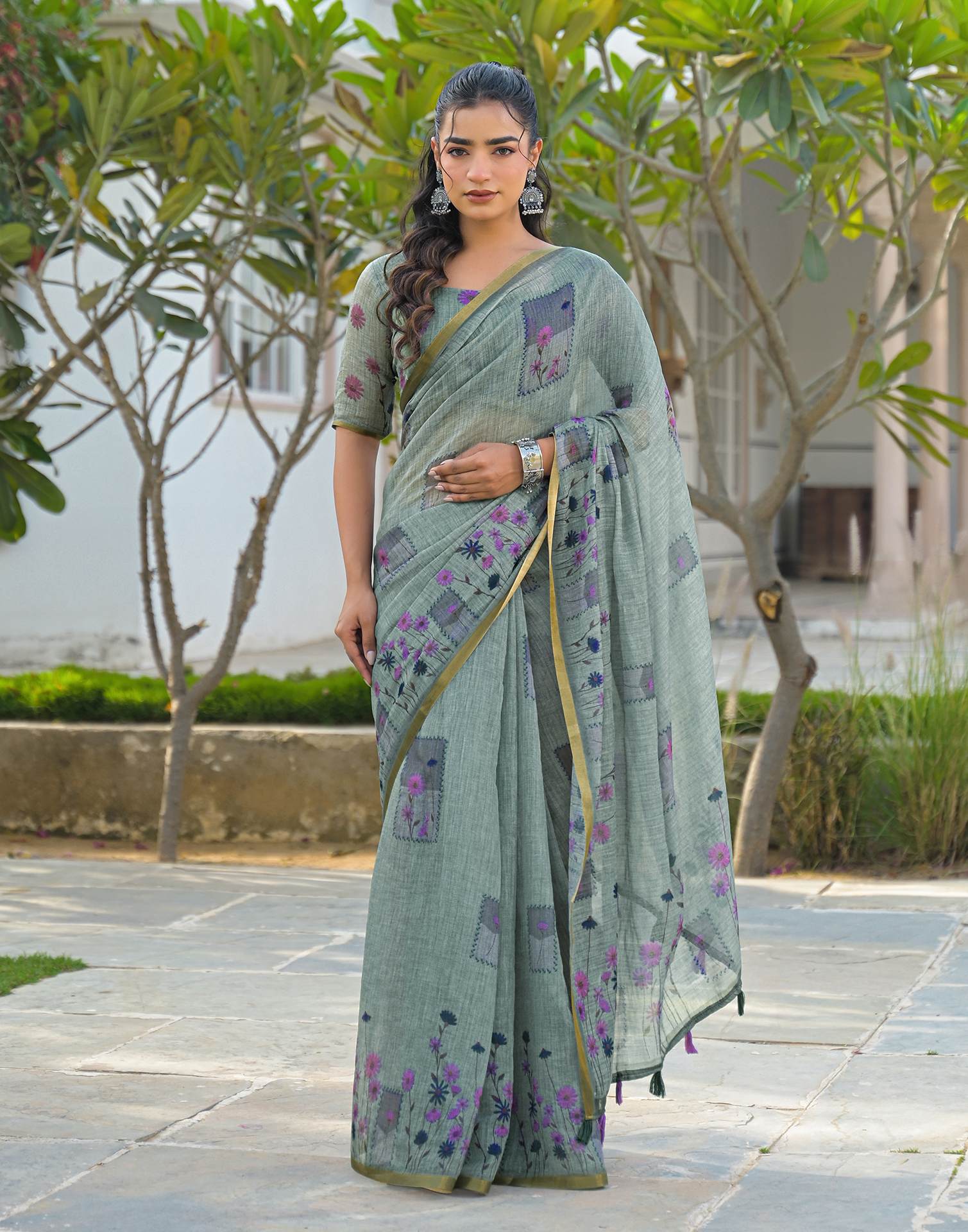 Sage Green Linen Floral Printed Saree