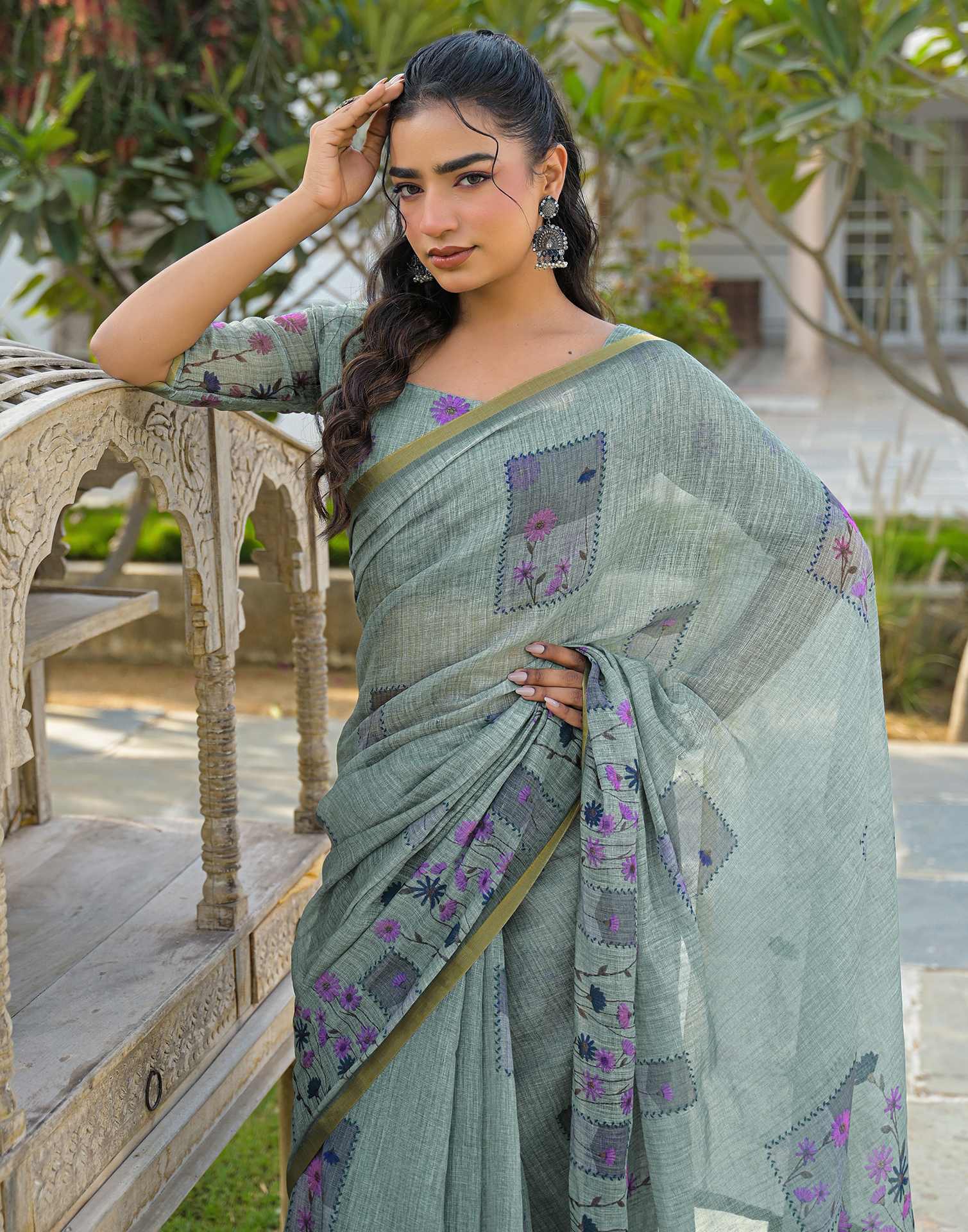 Sage Green Linen Floral Printed Saree - Image 2