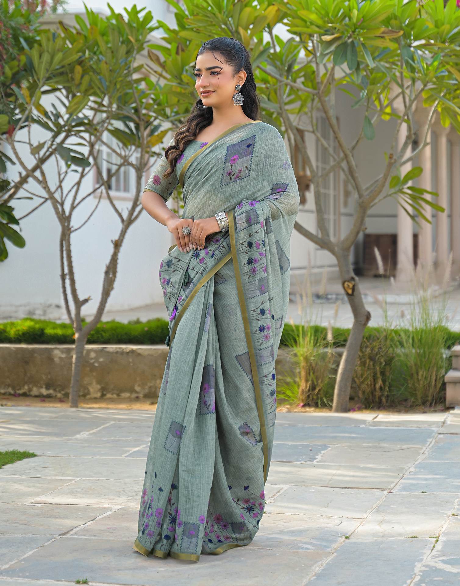Sage Green Linen Floral Printed Saree - Image 4