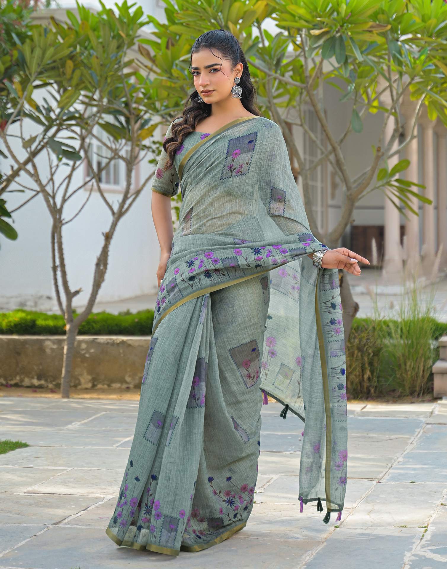 Sage Green Linen Floral Printed Saree - Image 5