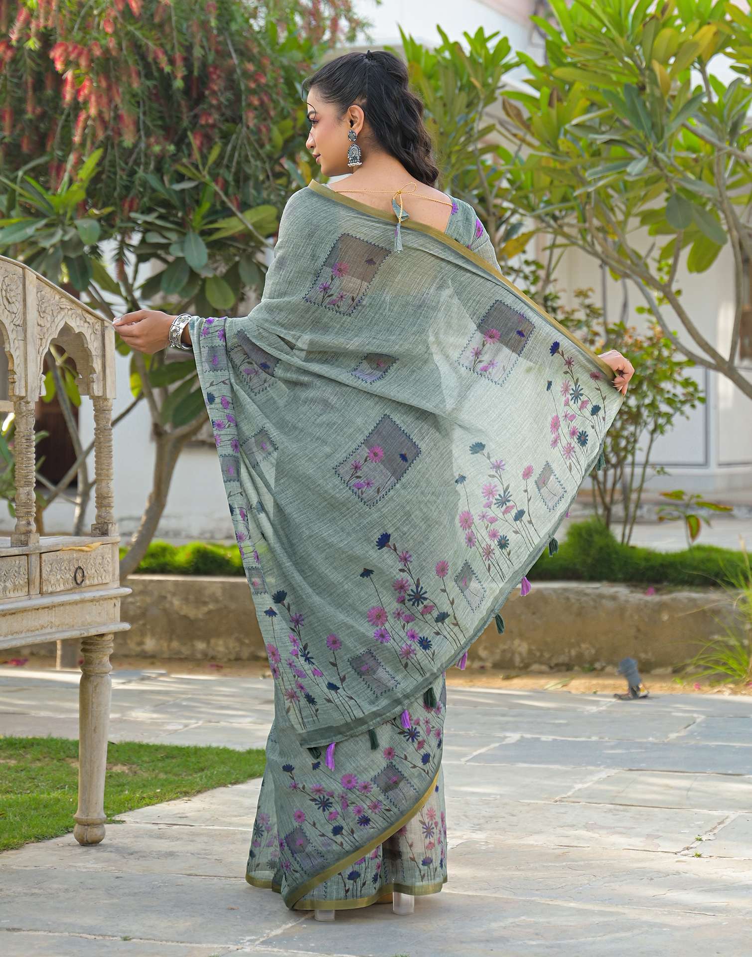 Sage Green Linen Floral Printed Saree - Image 6