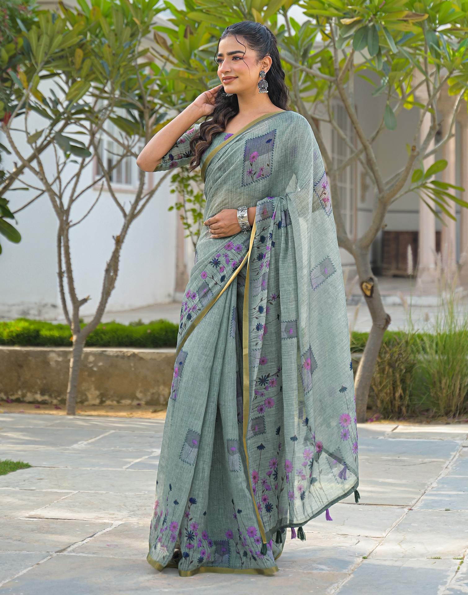 Sage Green Linen Floral Printed Saree - Image 7