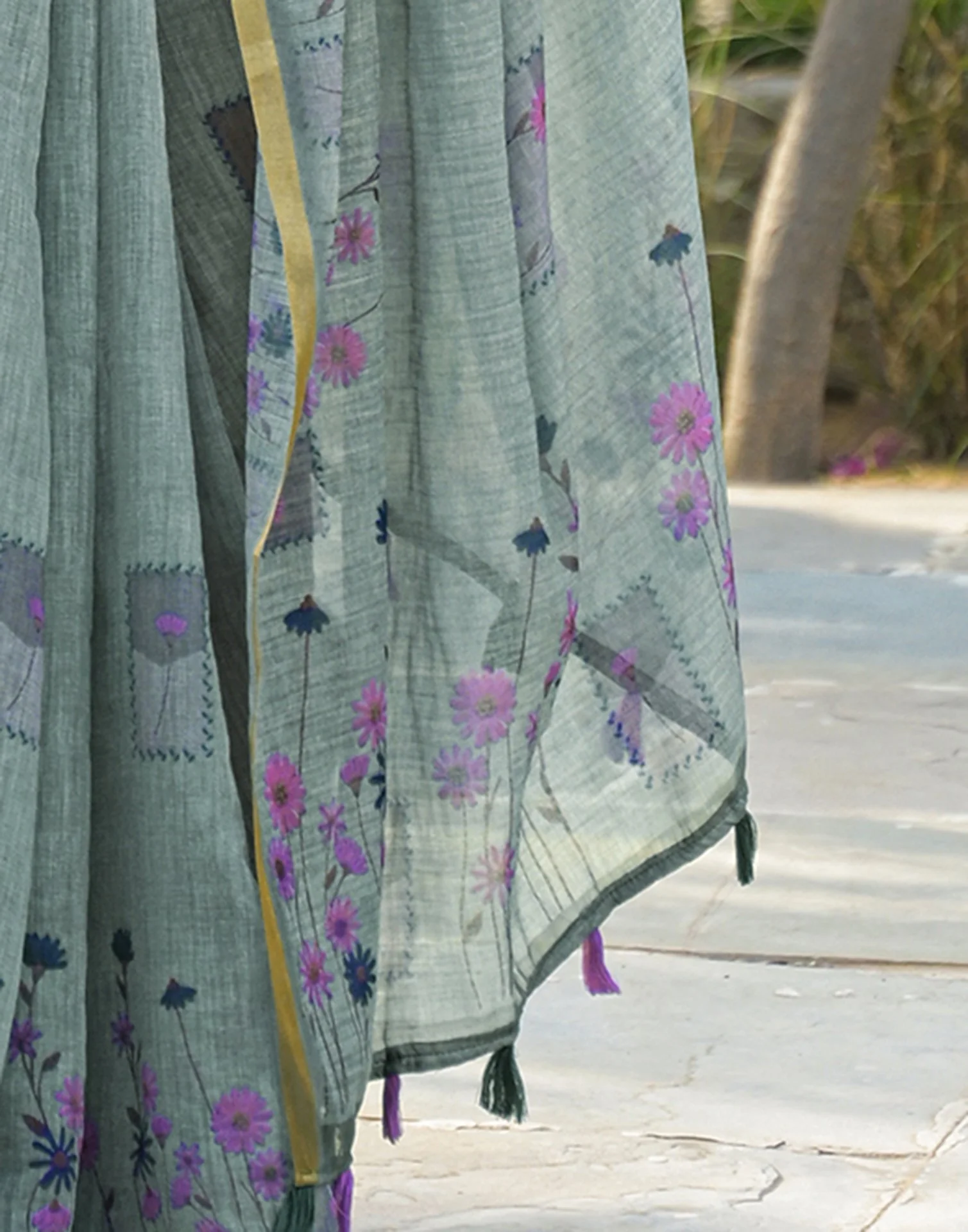 Sage Green Linen Floral Printed Saree - Image 9