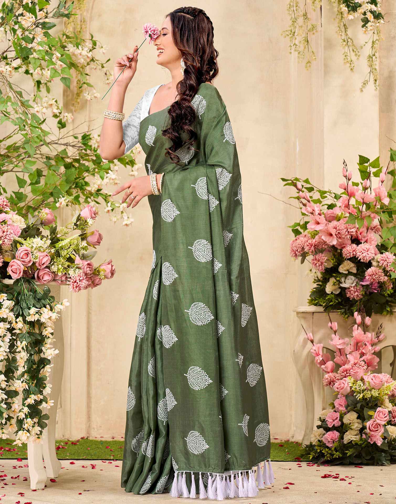 Sage Green Vichitra Silk Printed Saree - Image 4