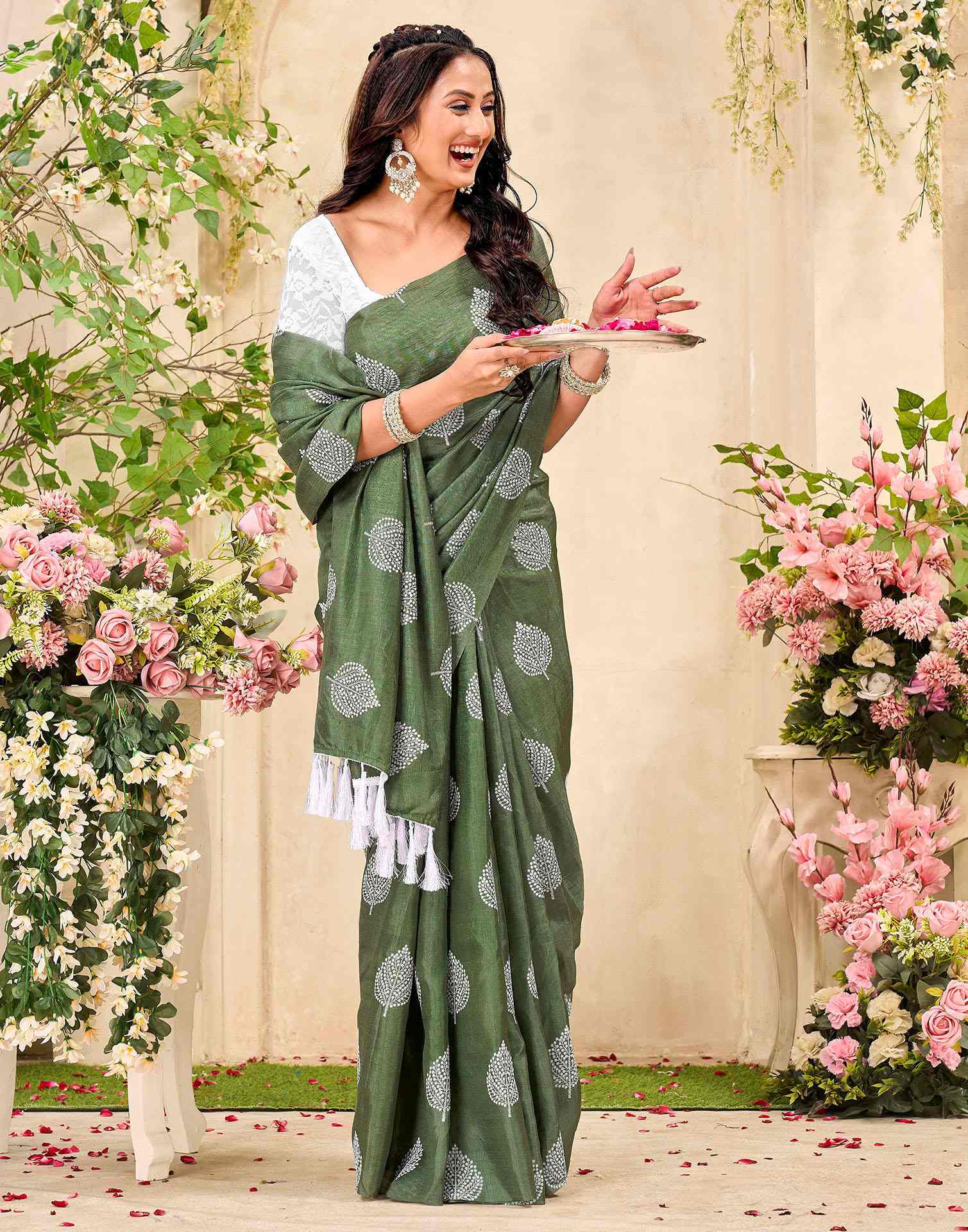 Sage Green Vichitra Silk Printed Saree - Image 5