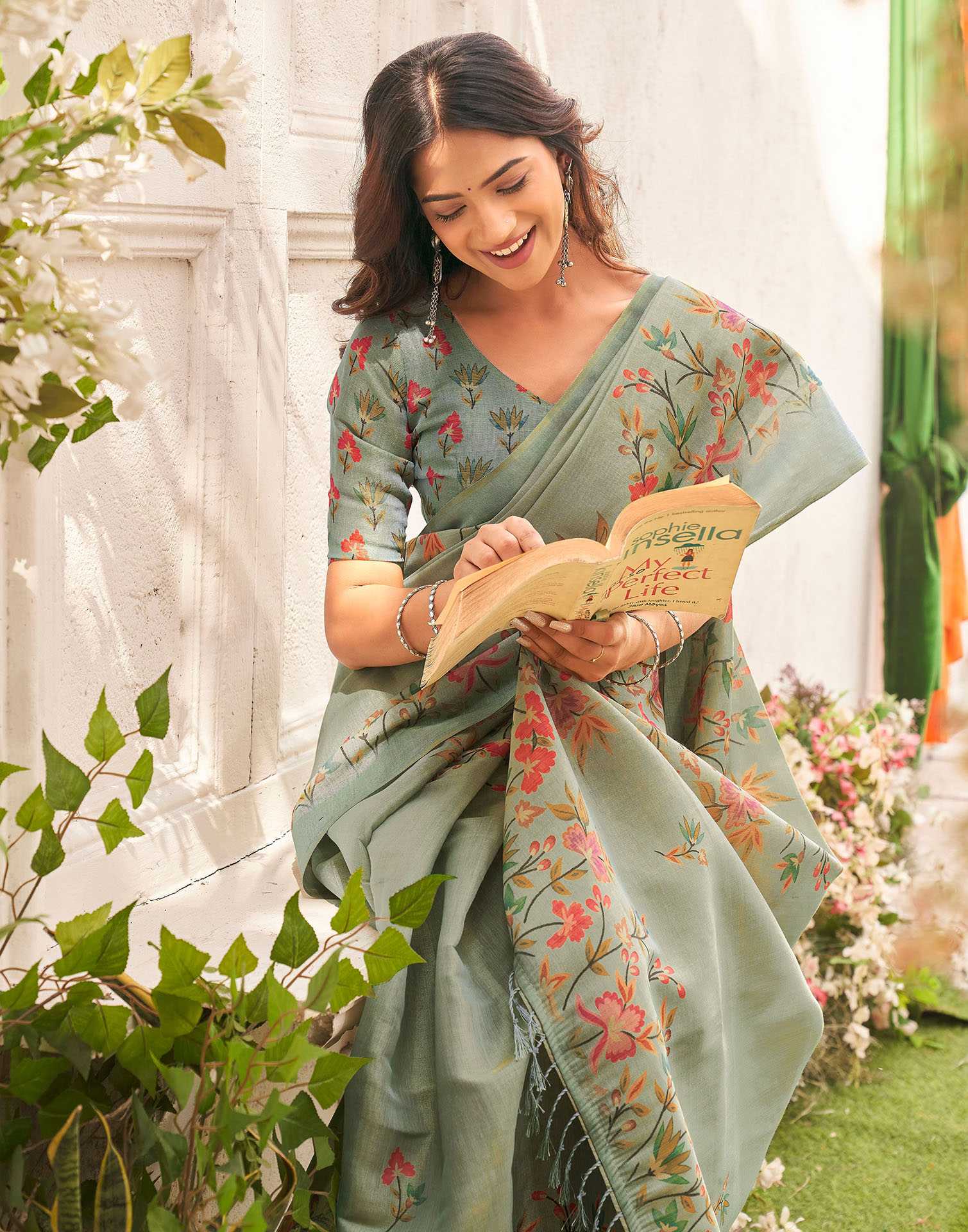 Sea Green Shimmer Silk Floral Printed Saree - Image 2