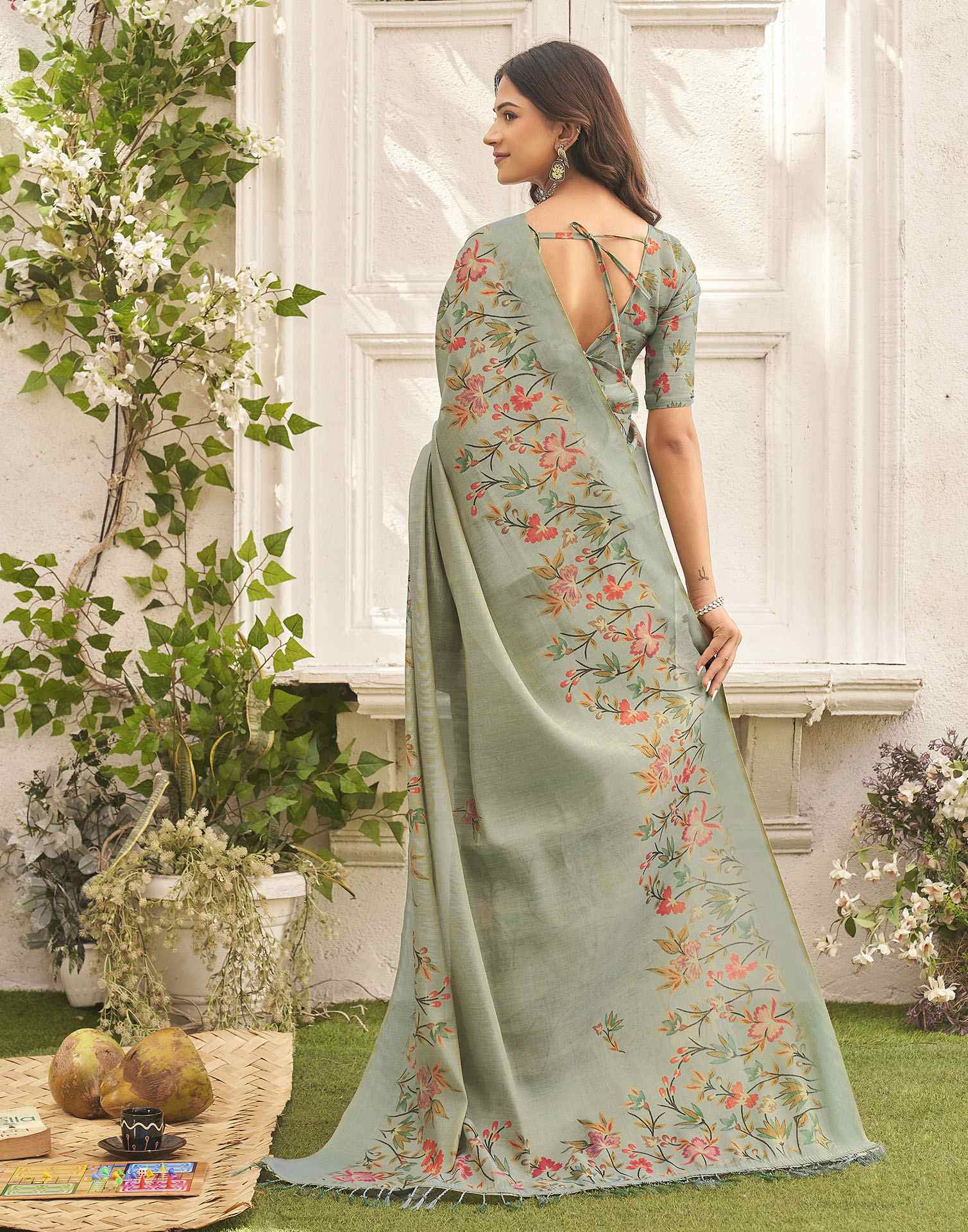 Sea Green Shimmer Silk Floral Printed Saree - Image 6
