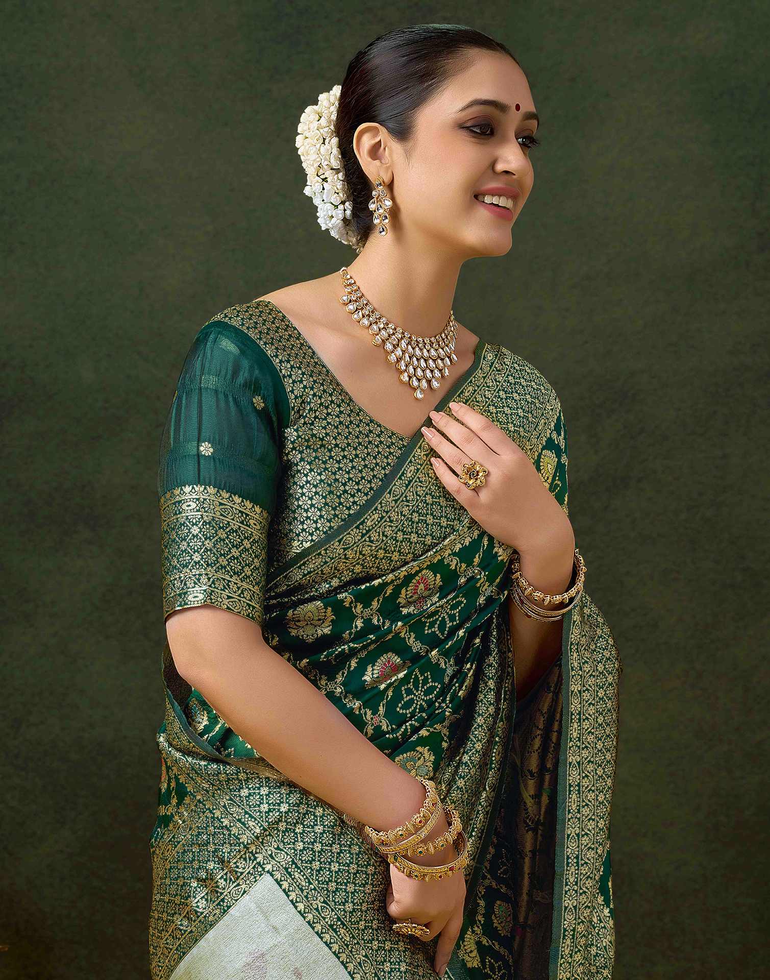 Sea Green Silk Woven Banarasi Saree - Image 2