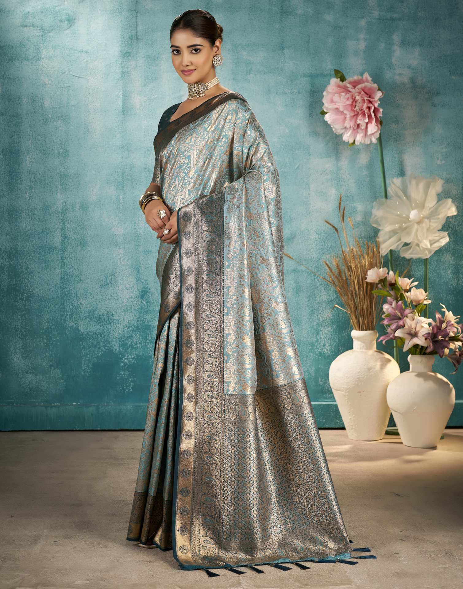 Sea Green Silk Woven Banarasi Saree - Image 4