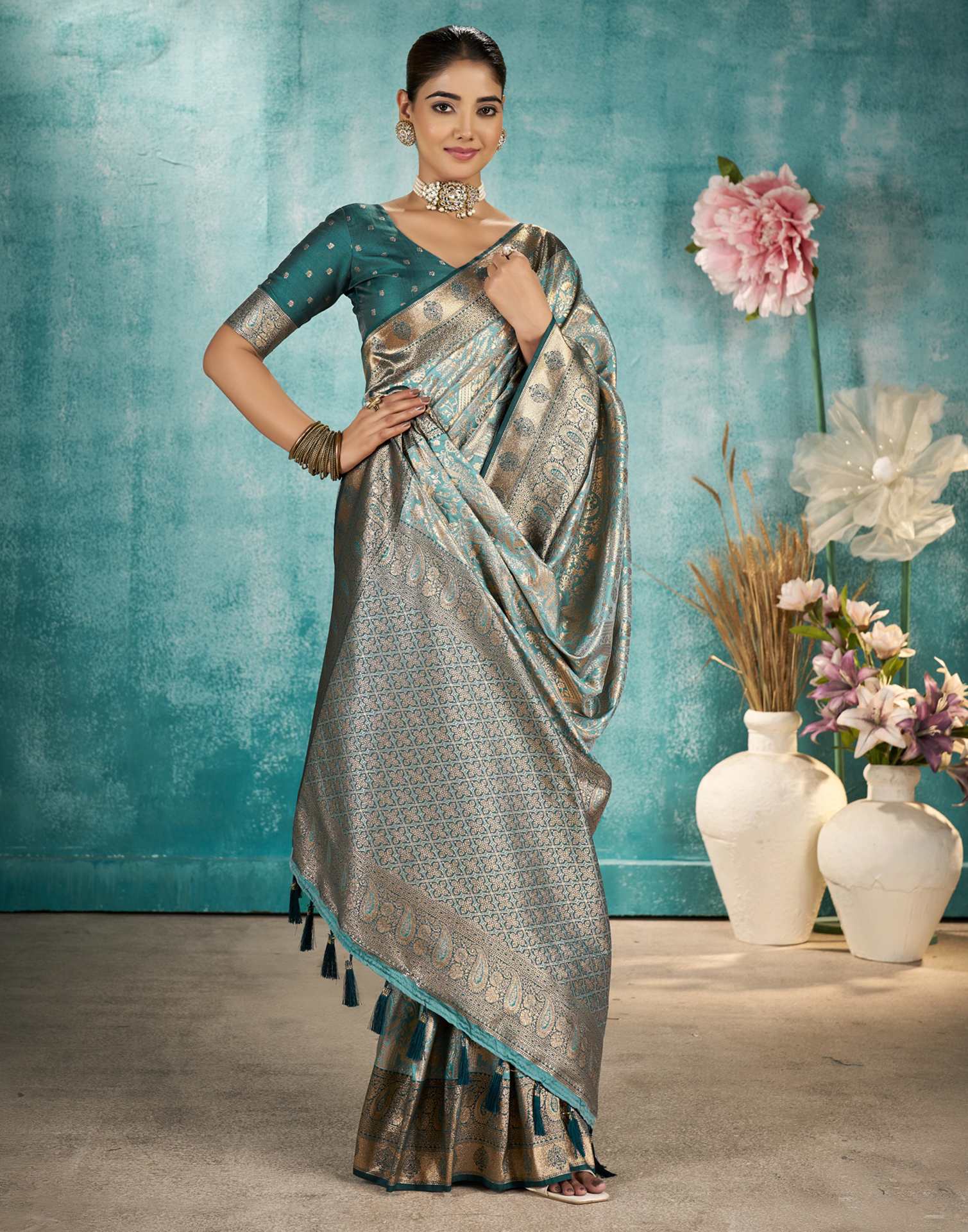 Sea Green Silk Woven Banarasi Saree - Image 5