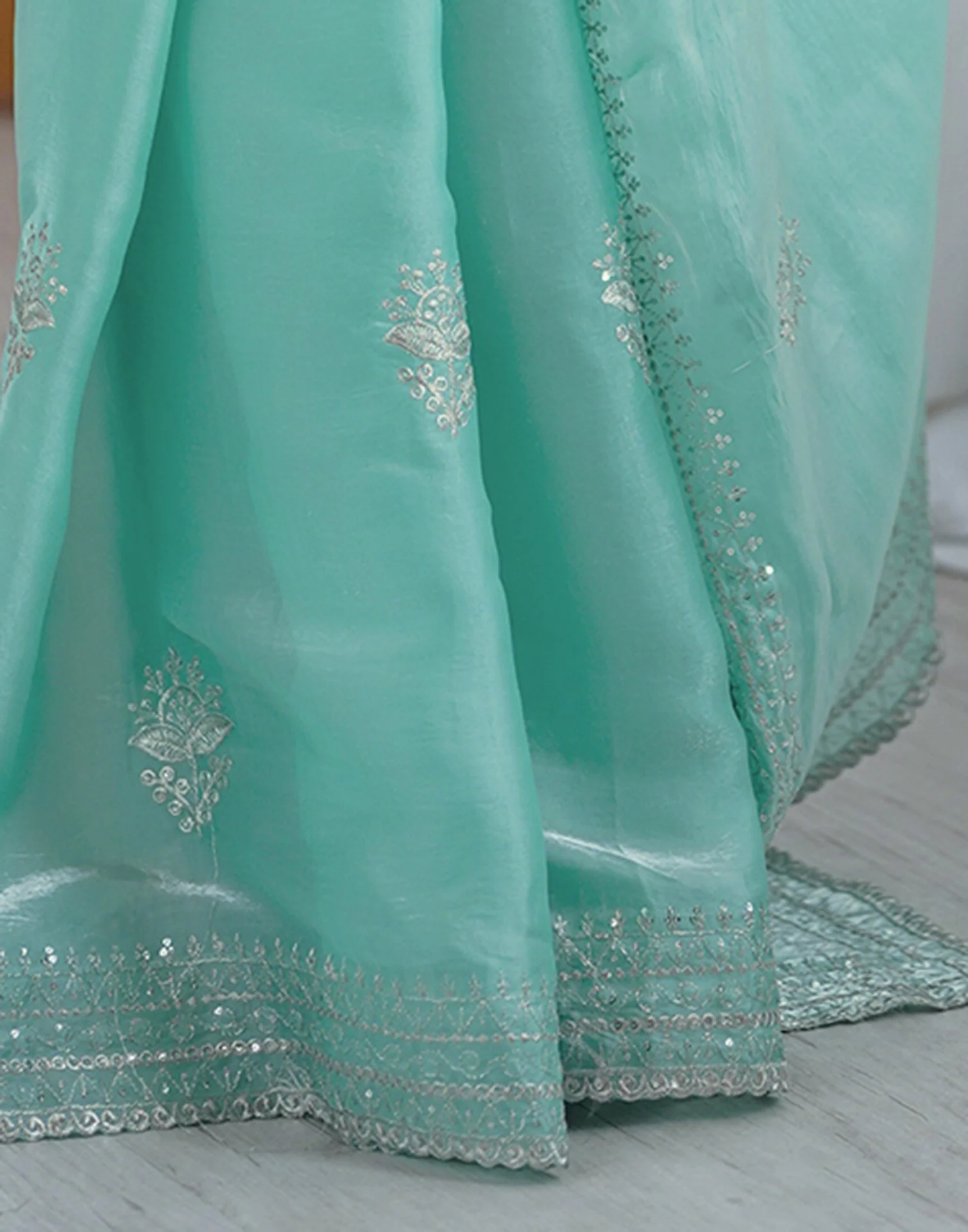 Sea Green Tissue Silk Embroidery Saree - Image 13