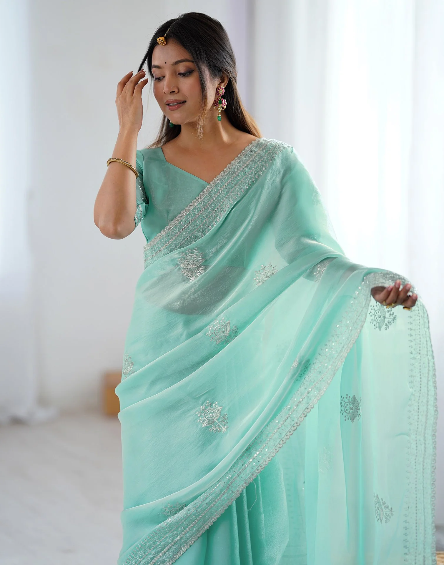 Sea Green Tissue Silk Embroidery Saree - Image 2