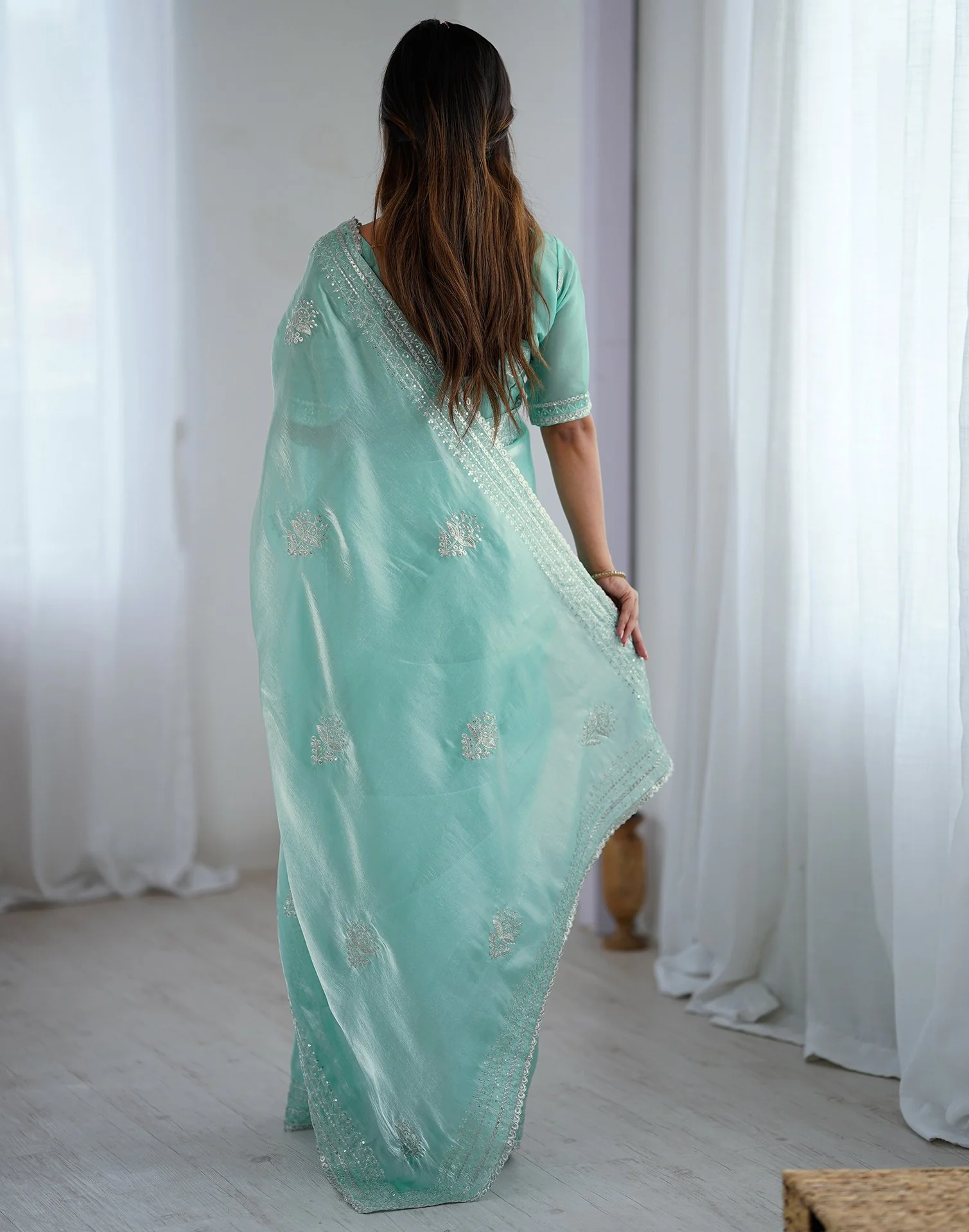 Sea Green Tissue Silk Embroidery Saree - Image 6