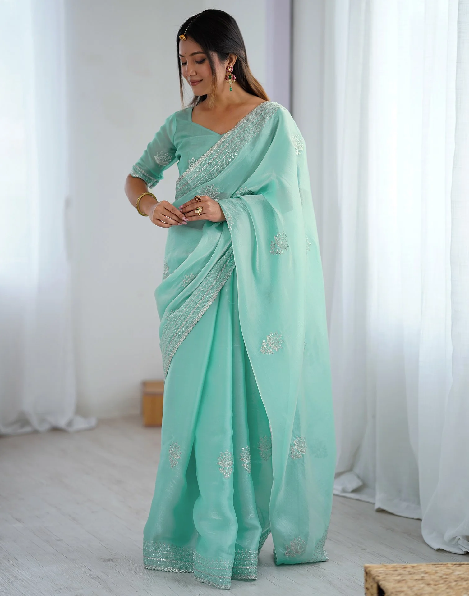 Sea Green Tissue Silk Embroidery Saree - Image 8