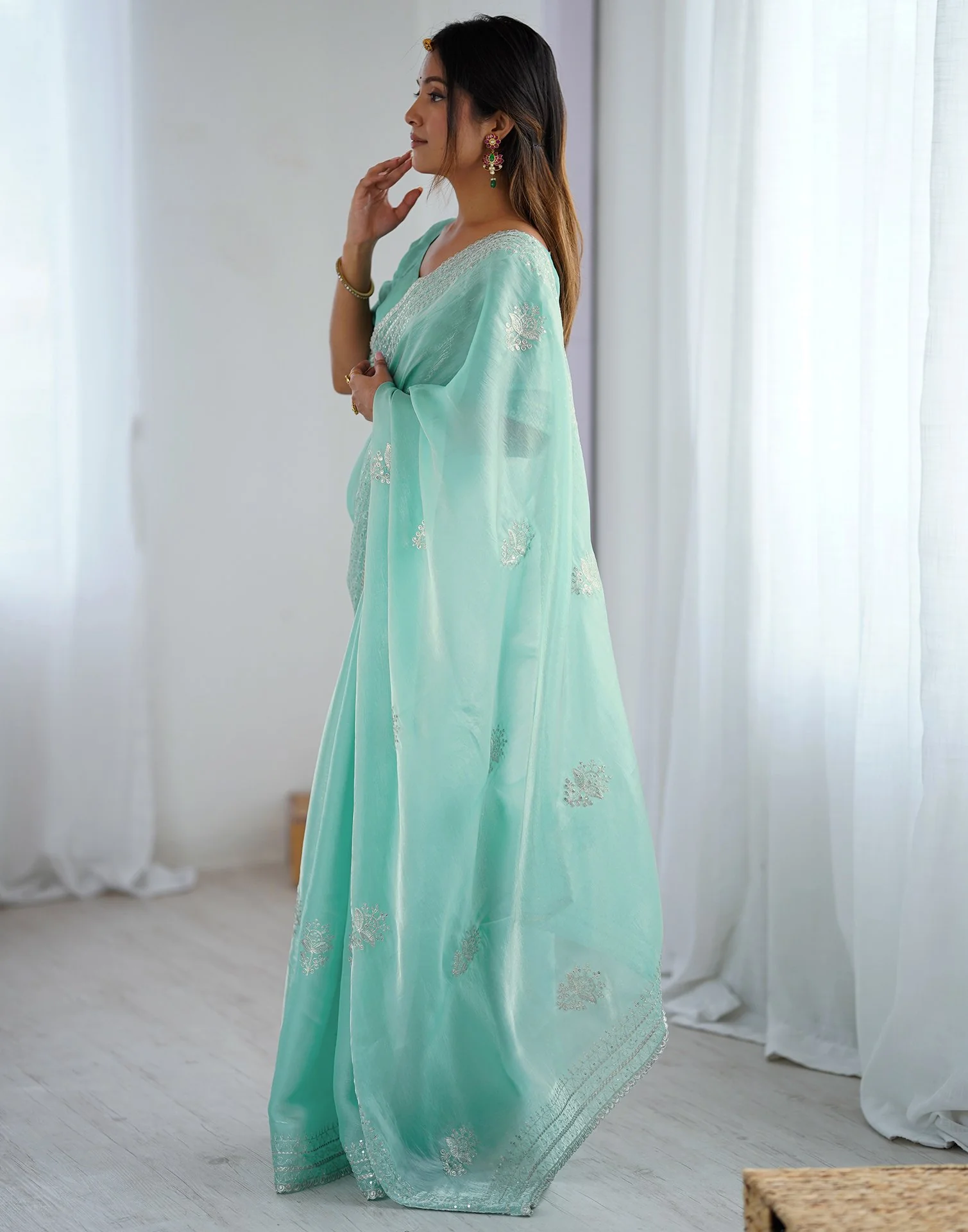 Sea Green Tissue Silk Embroidery Saree - Image 9