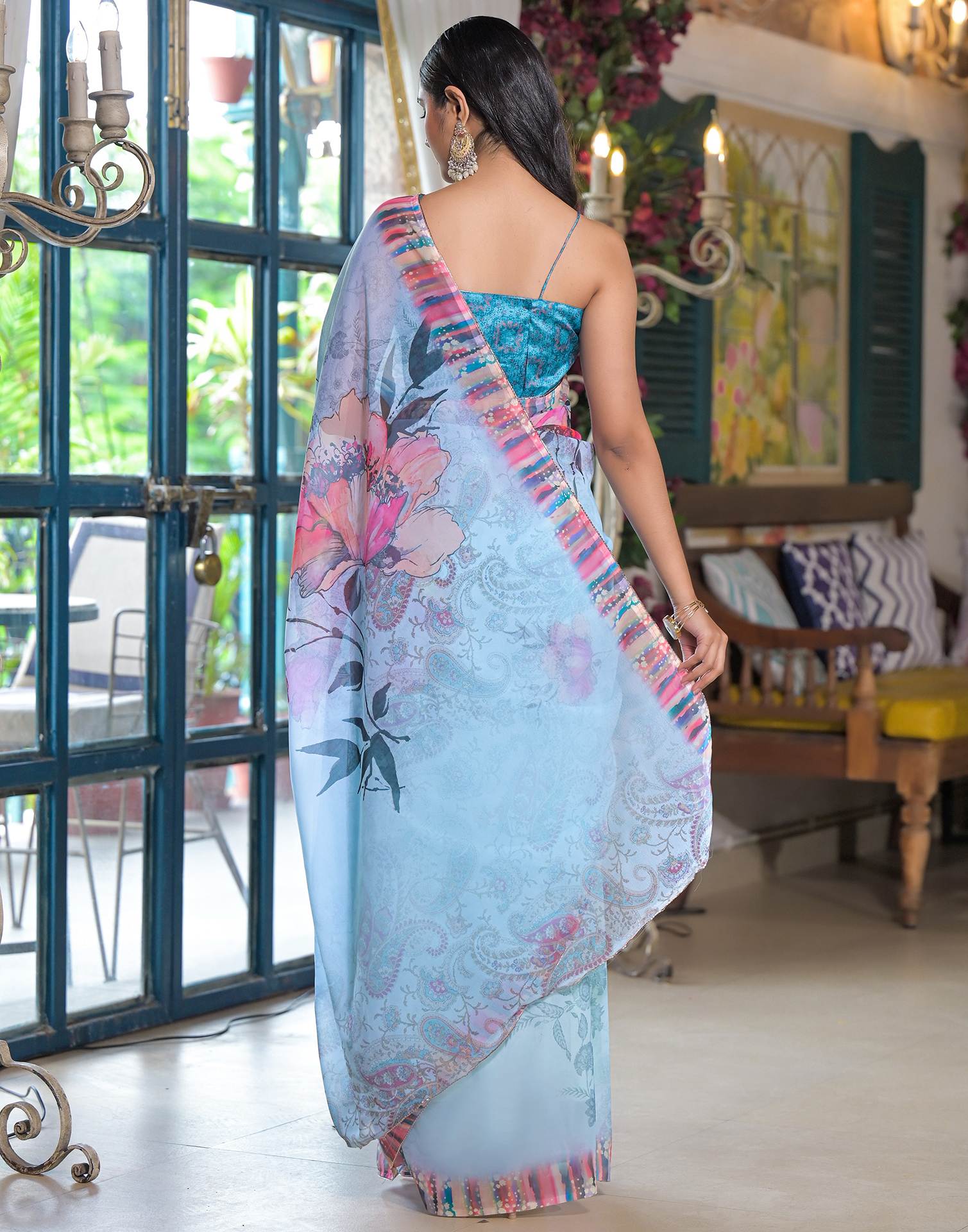 Sky Blue Georgette Floral Printed Saree - Image 6