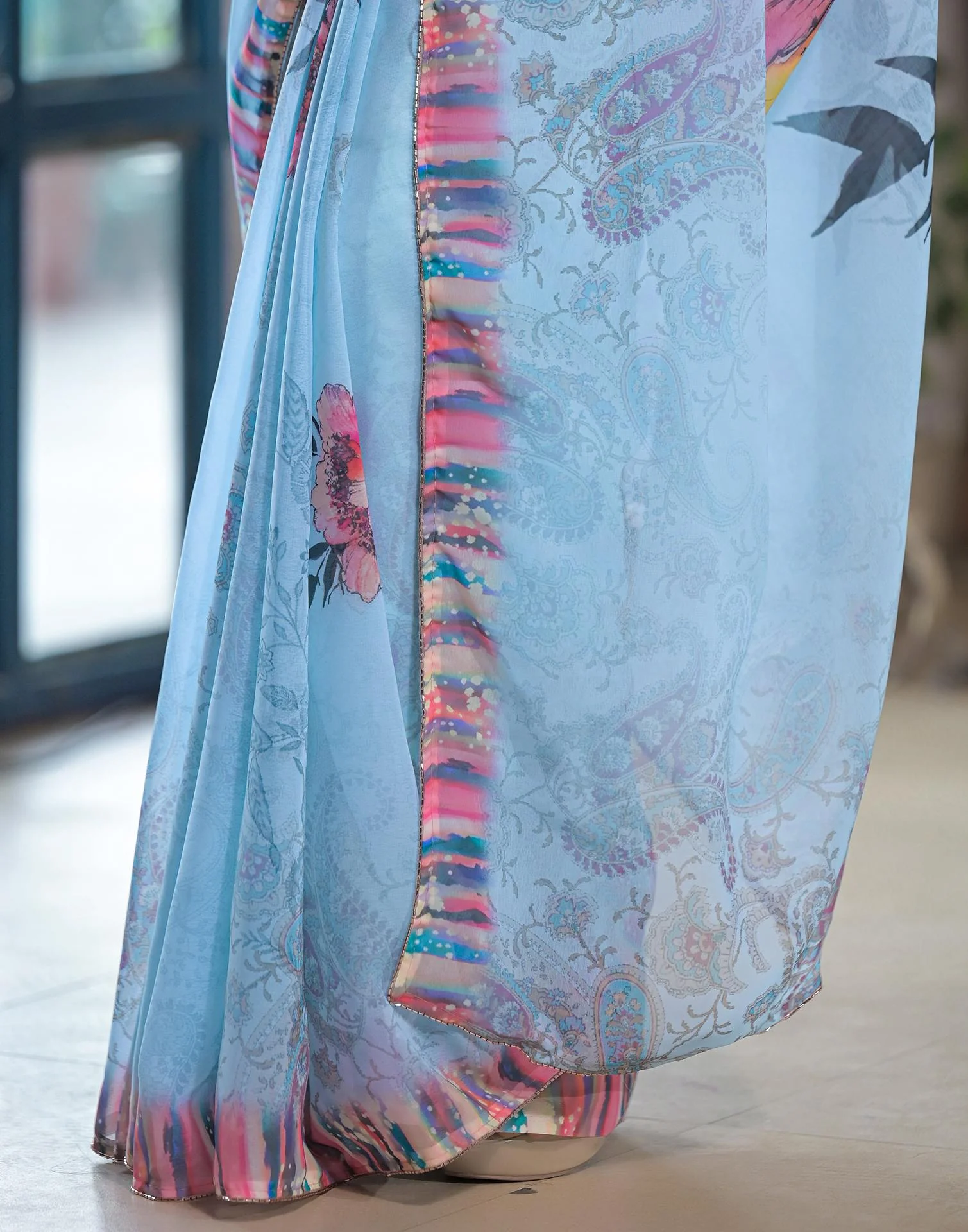 Sky Blue Georgette Floral Printed Saree - Image 8