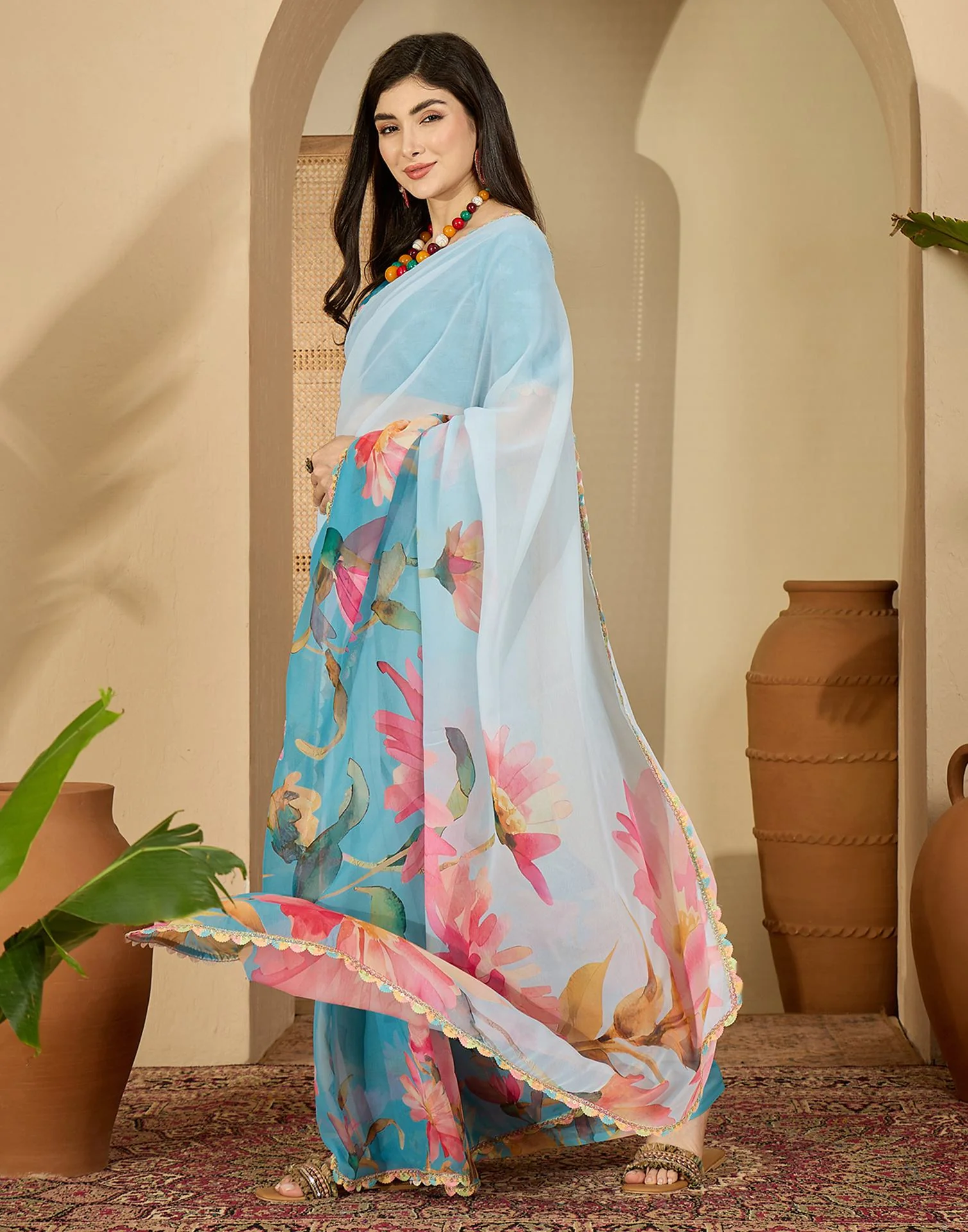 Sky Blue Georgette Floral Printed Saree - Image 5