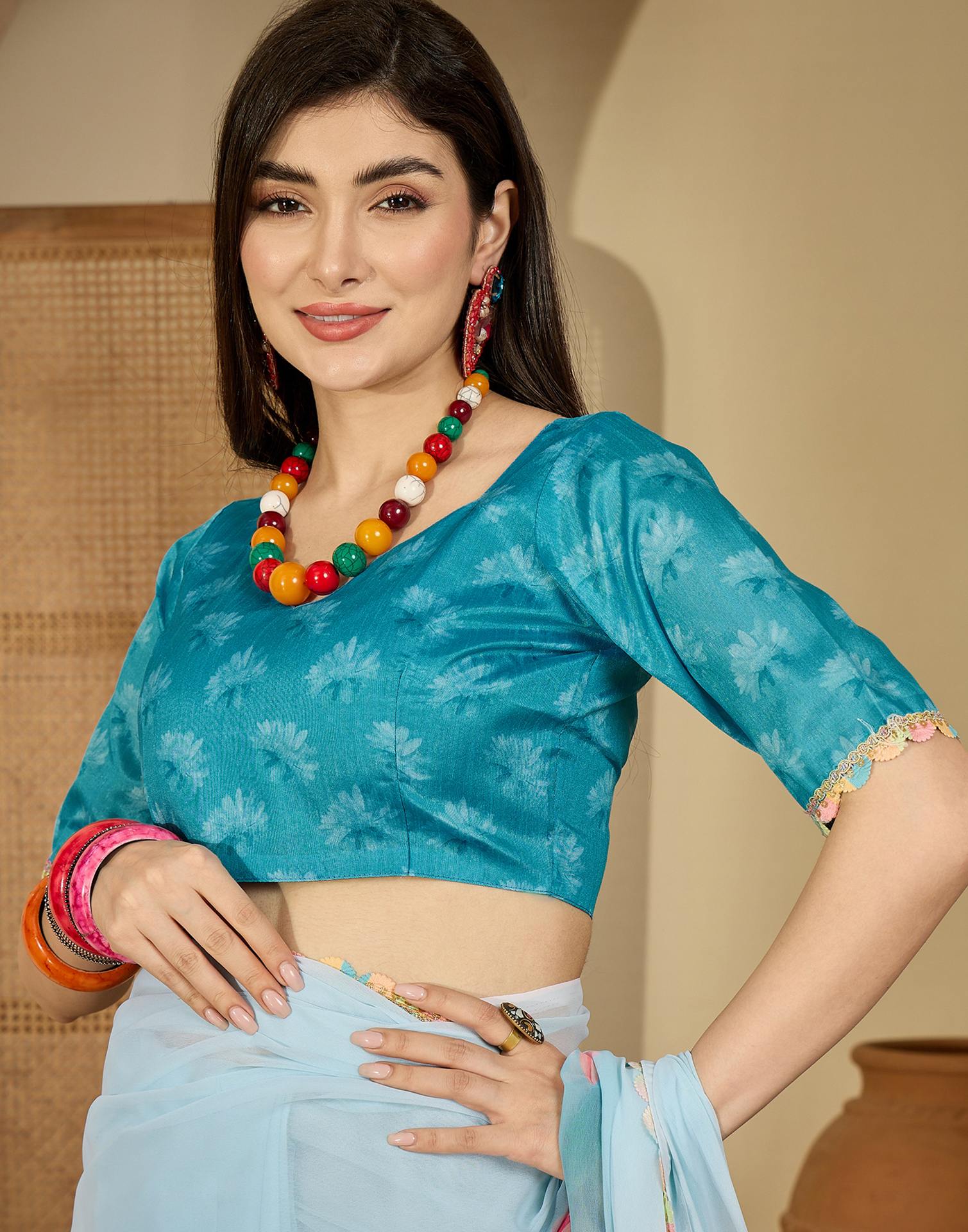 Sky Blue Georgette Floral Printed Saree - Image 8