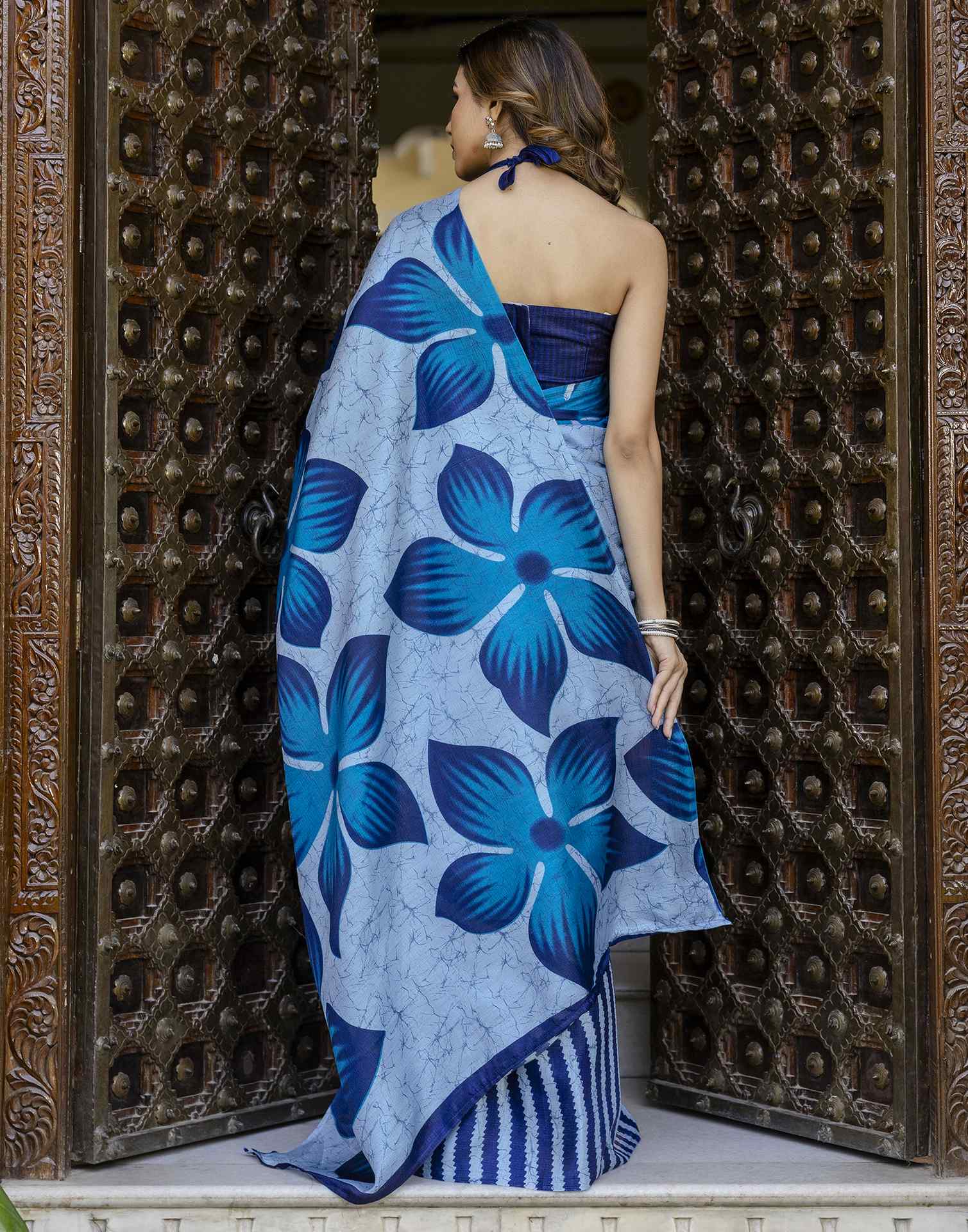 Sky Blue Khadi Printed Saree - Image 7