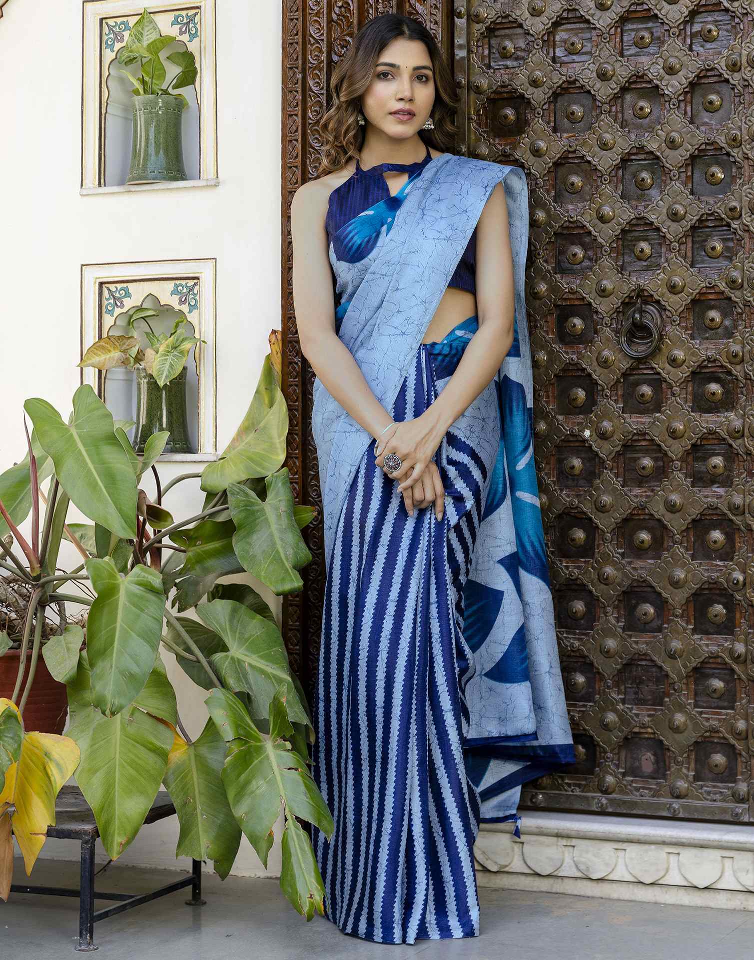 Sky Blue Khadi Printed Saree - Image 9