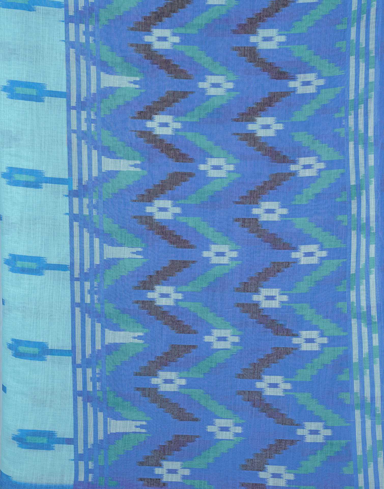 Sky Blue Linen Ikkat Printed Saree - Image 7