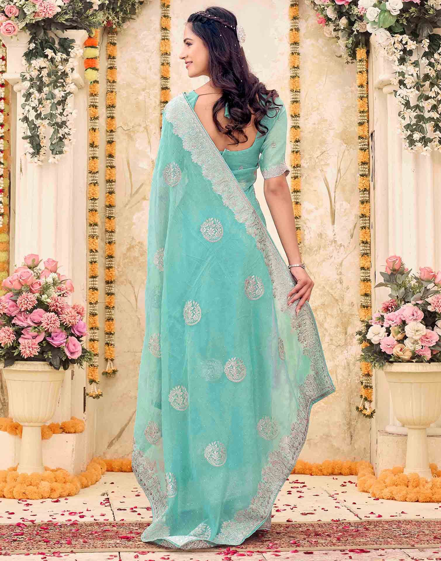 Sky Blue Shimmer Embroidery Embellished Saree - Image 6