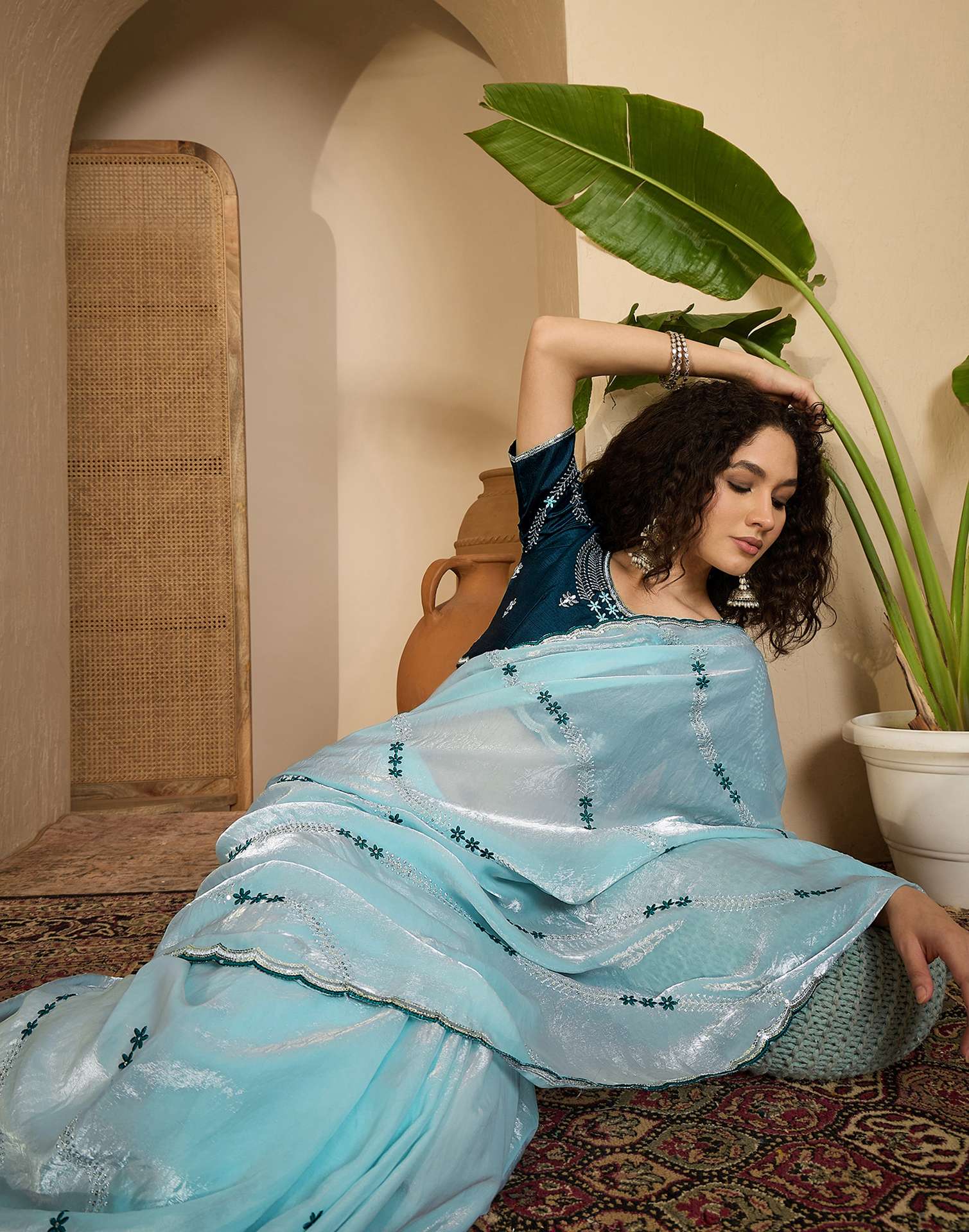 Sky Blue Shimmer Tissue Sequence Embroidery saree - Image 7