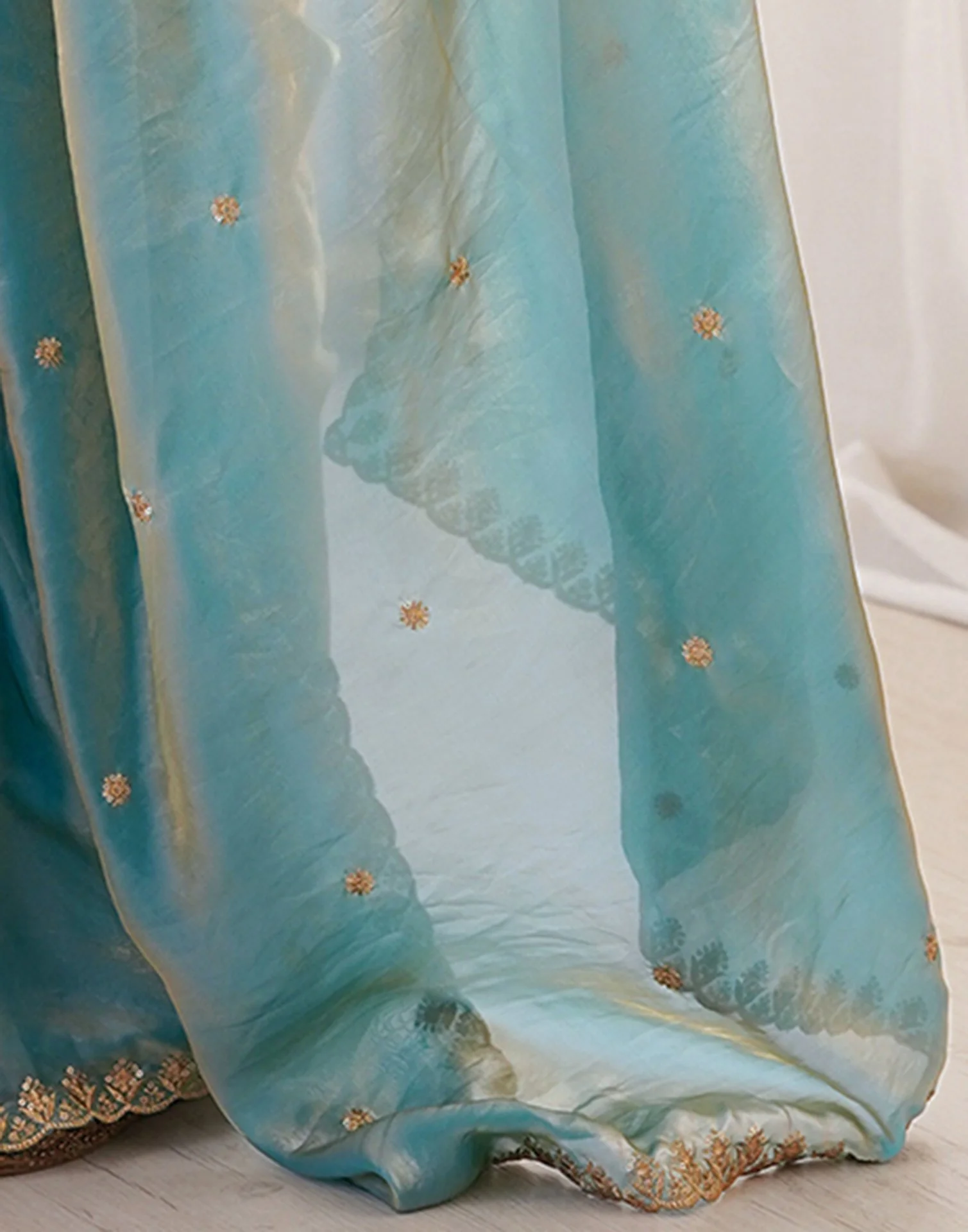 Sky Blue Shimmer Tissue Sequence Embroidery Saree - Image 10