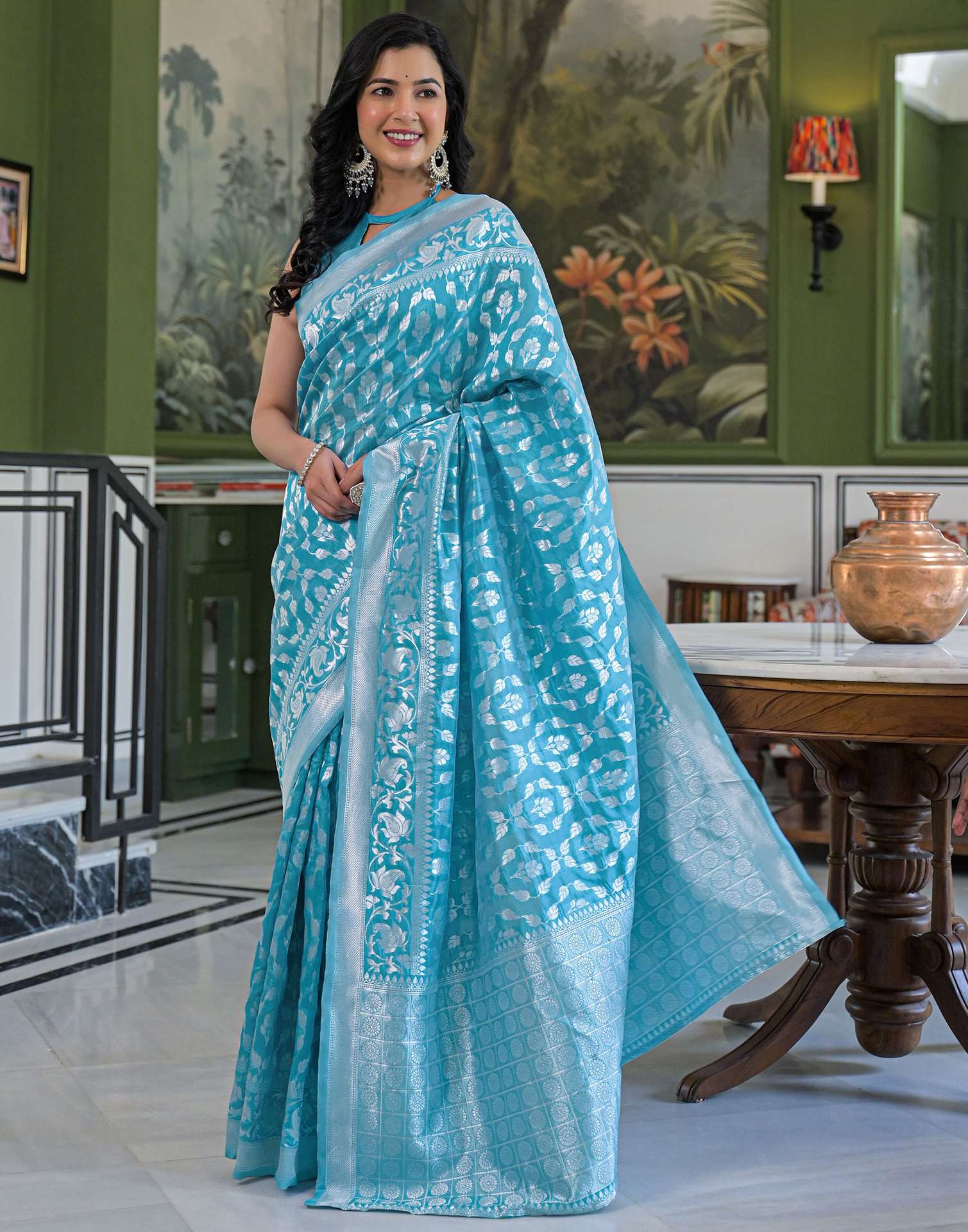 Sky Blue Silk Woven Banarasi Saree - Image 2