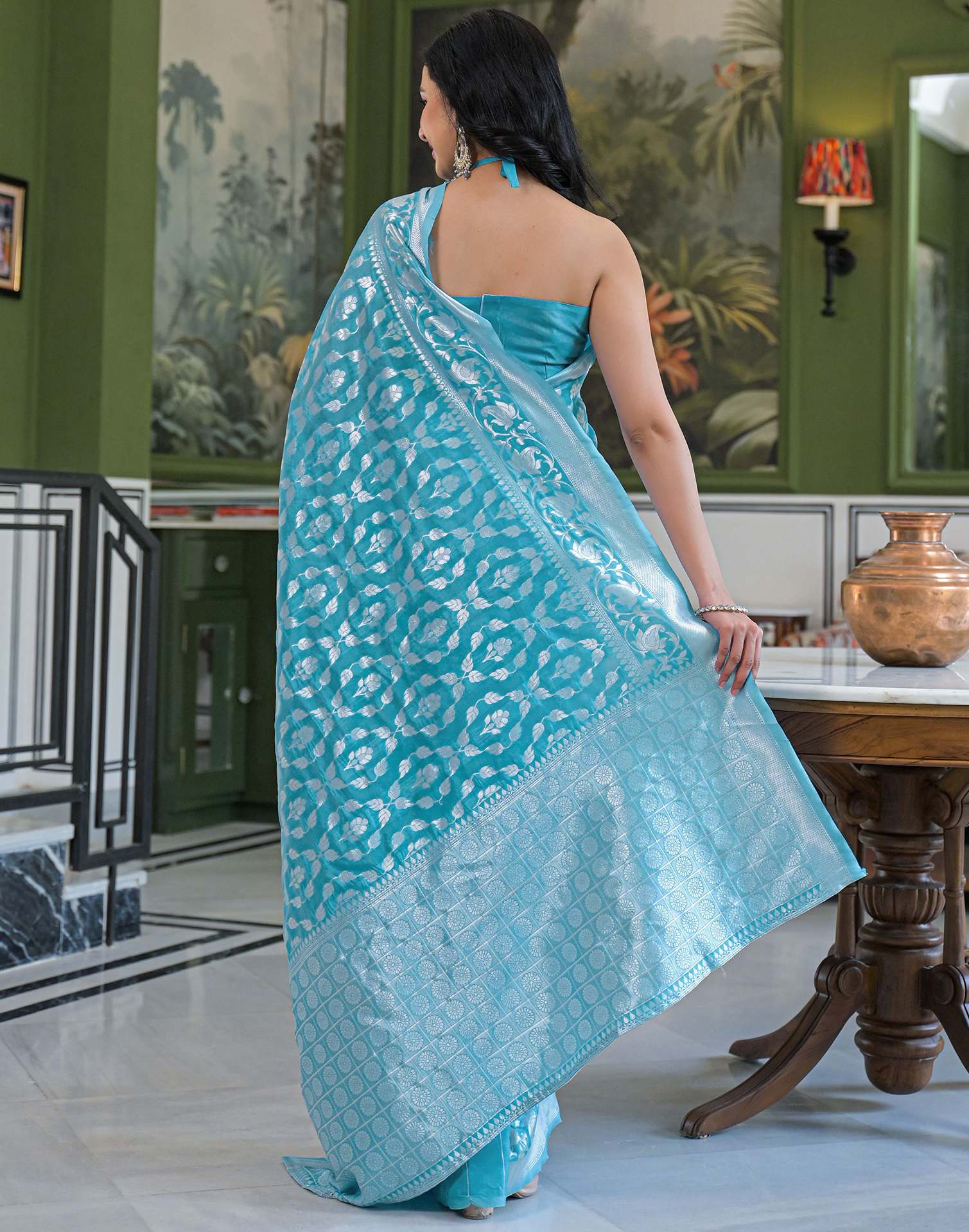 Sky Blue Silk Woven Banarasi Saree - Image 3
