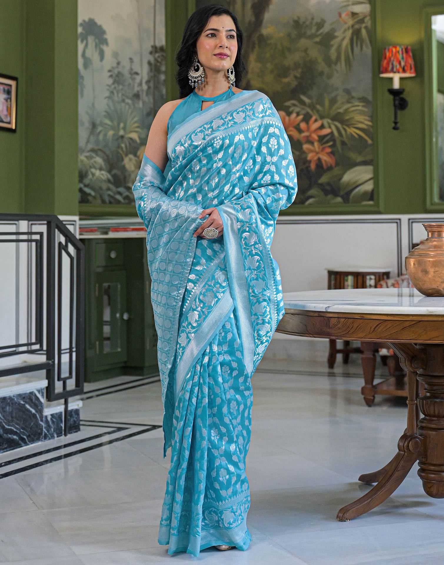 Sky Blue Silk Woven Banarasi Saree - Image 8