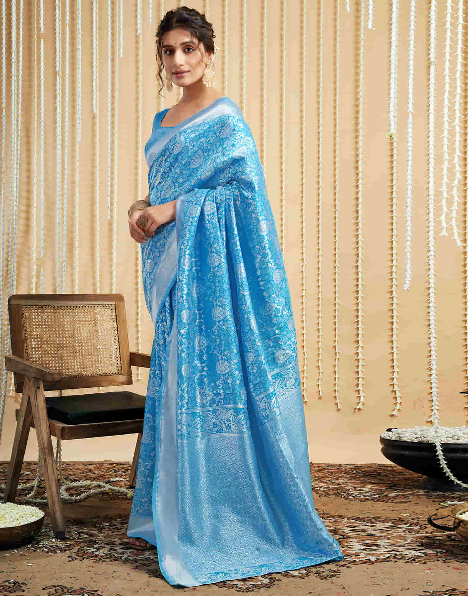 Sky Blue Silk Woven Banarasi Saree - Image 5