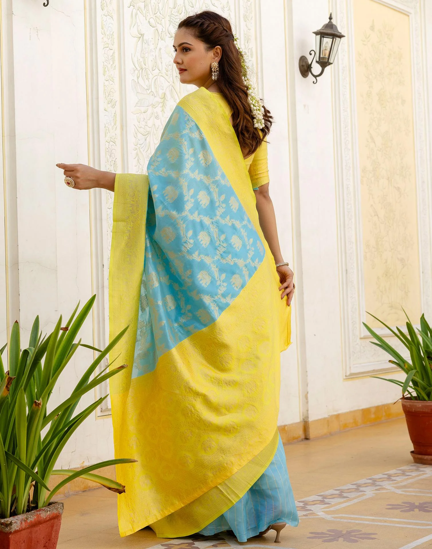 Sky Blue Silk Woven Banarasi Saree - Image 7