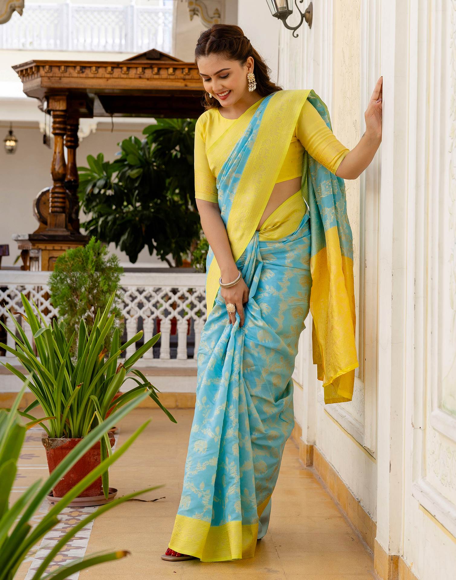 Sky Blue Silk Woven Banarasi Saree - Image 9