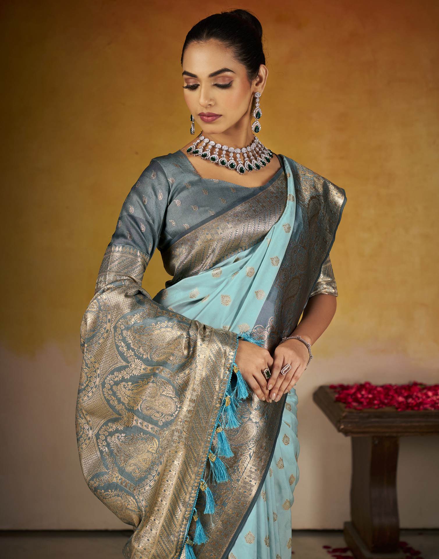 Sky Blue Silk Woven Banarasi Saree - Image 2