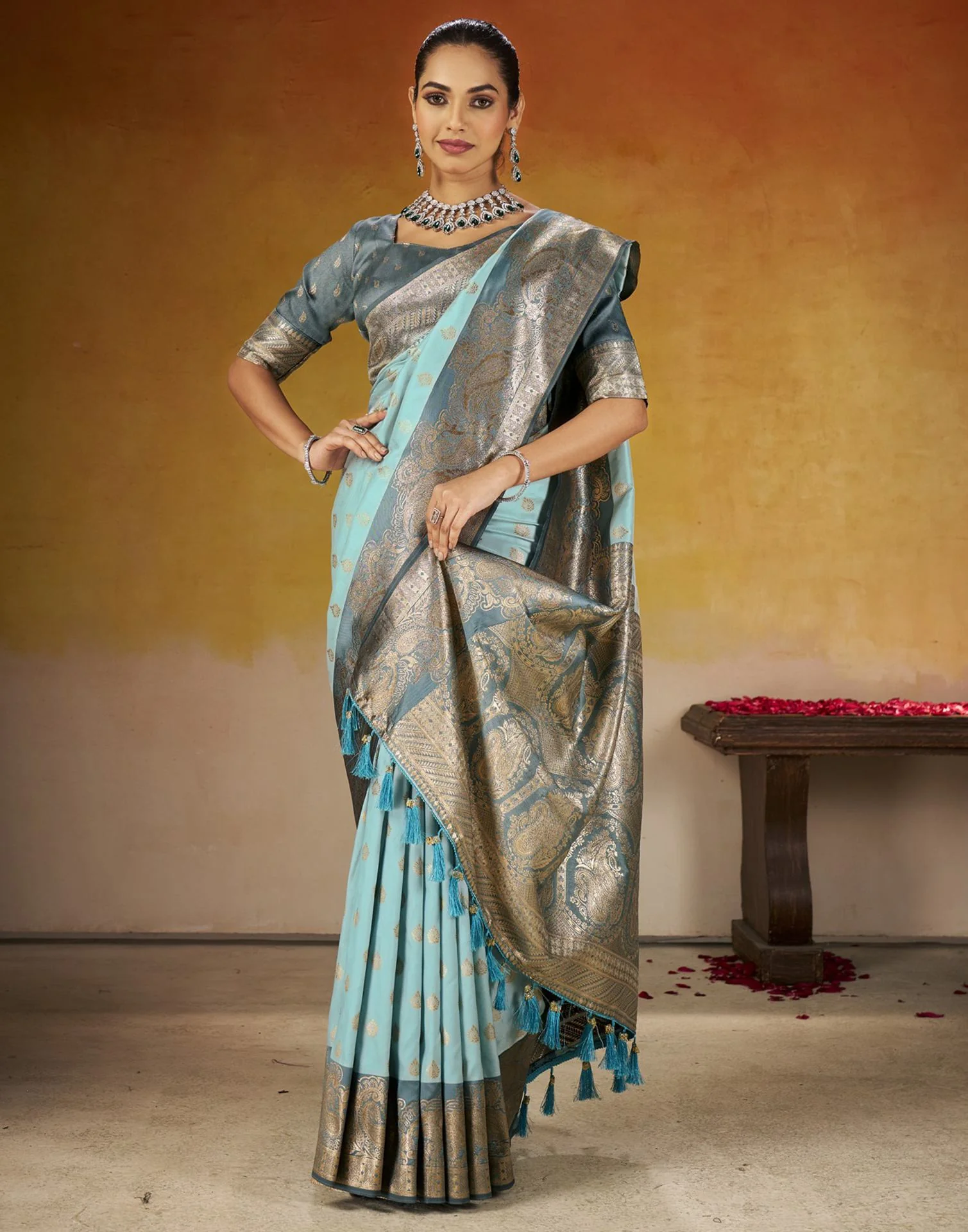 Sky Blue Silk Woven Banarasi Saree - Image 5