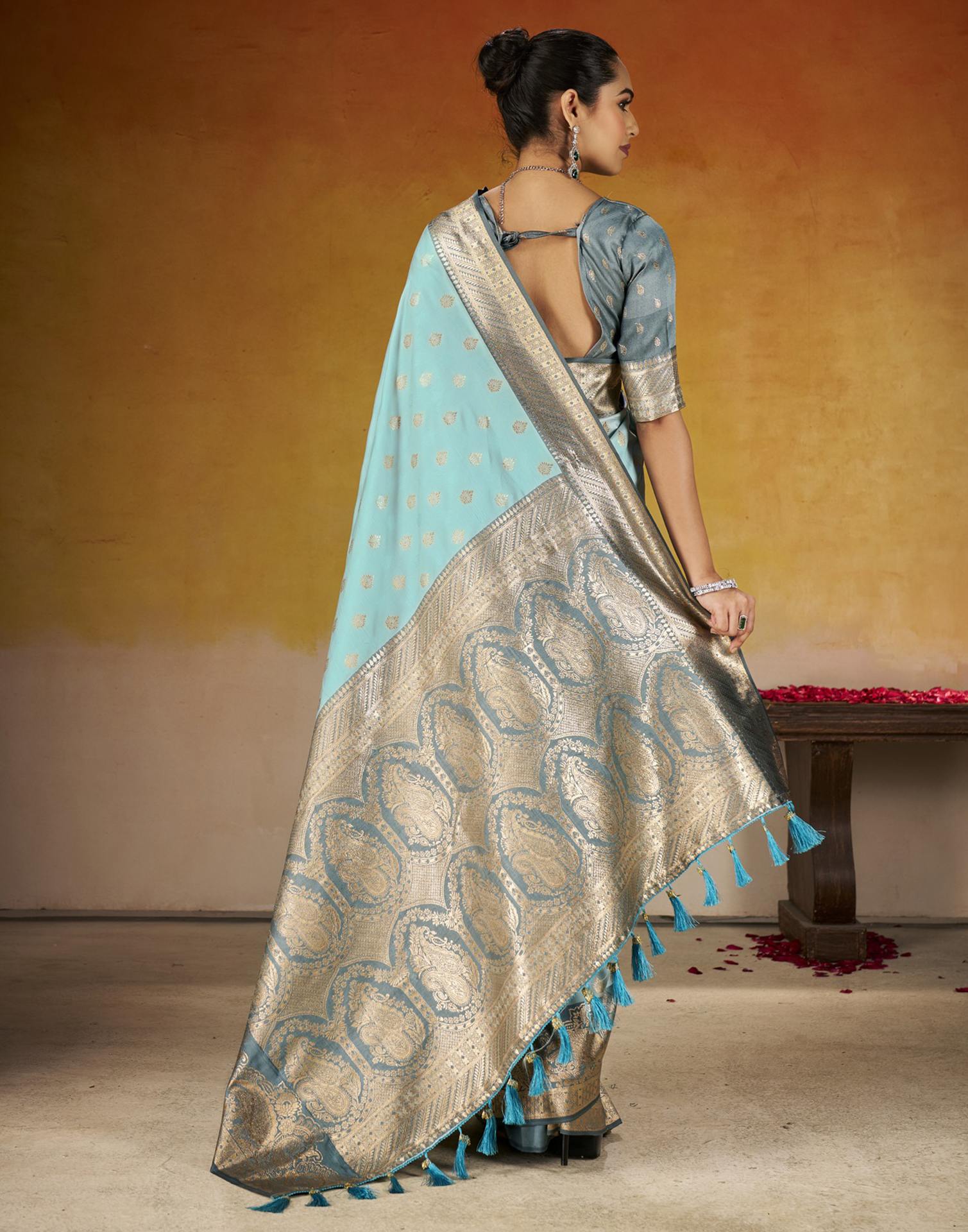 Sky Blue Silk Woven Banarasi Saree - Image 6