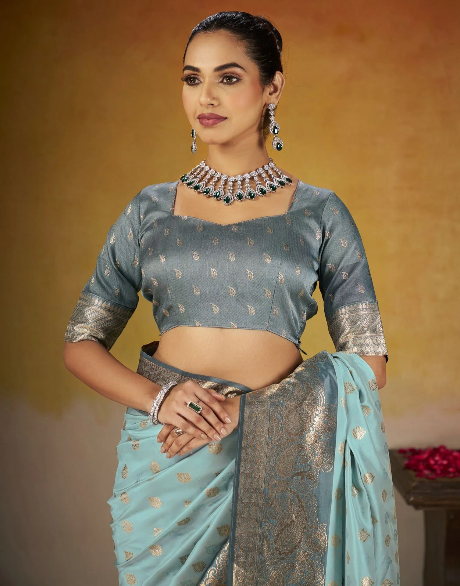 Sky Blue Silk Woven Banarasi Saree - Image 7