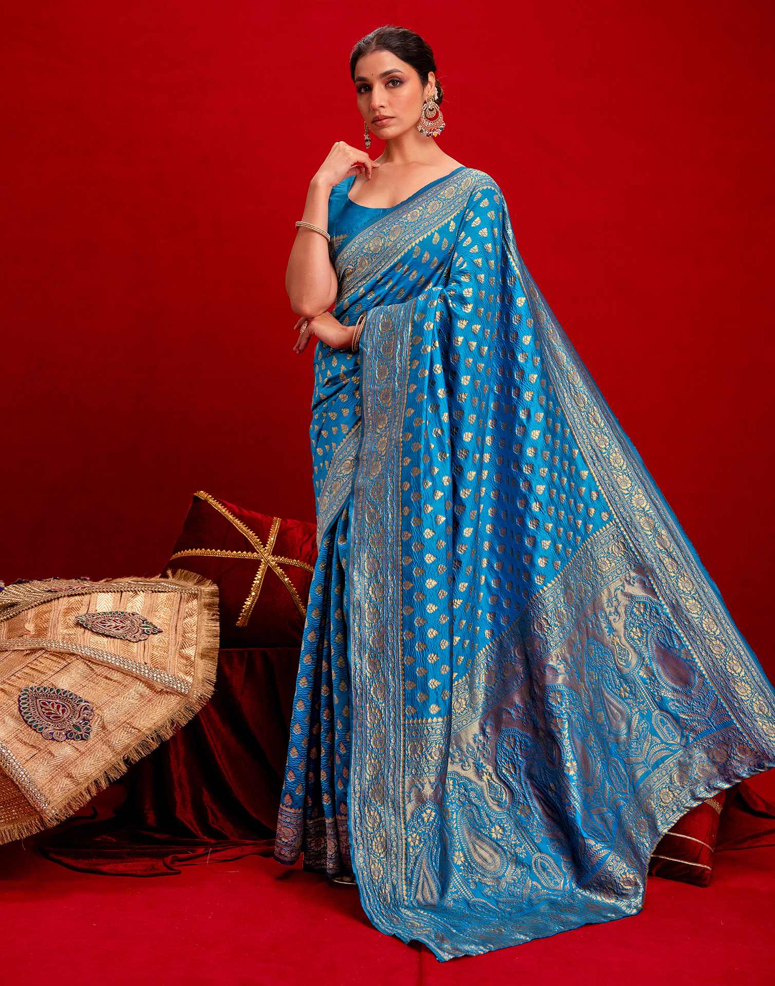 Sky Blue Silk Woven Banarasi Saree - Image 5