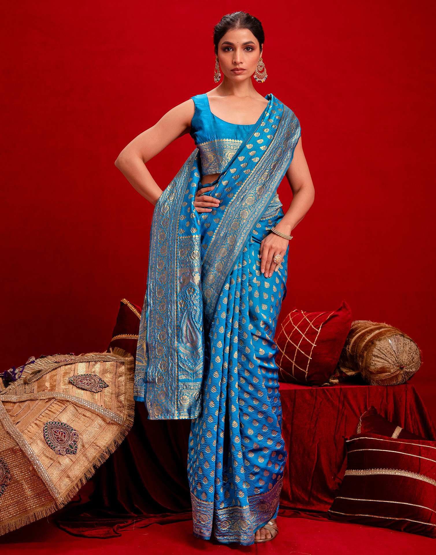 Sky Blue Silk Woven Banarasi Saree - Image 6