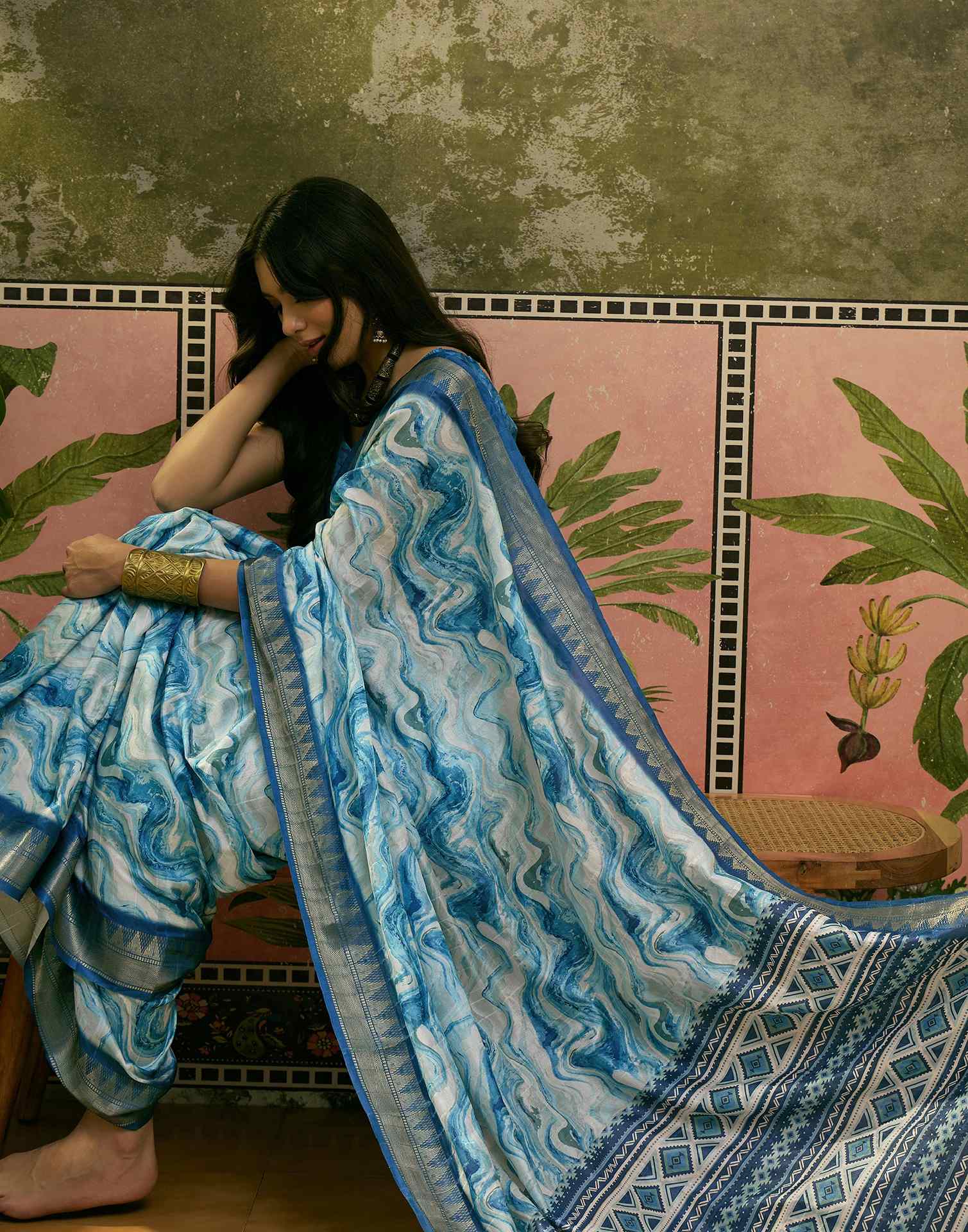 Sky Blue Silk Woven Printed Saree - Image 4