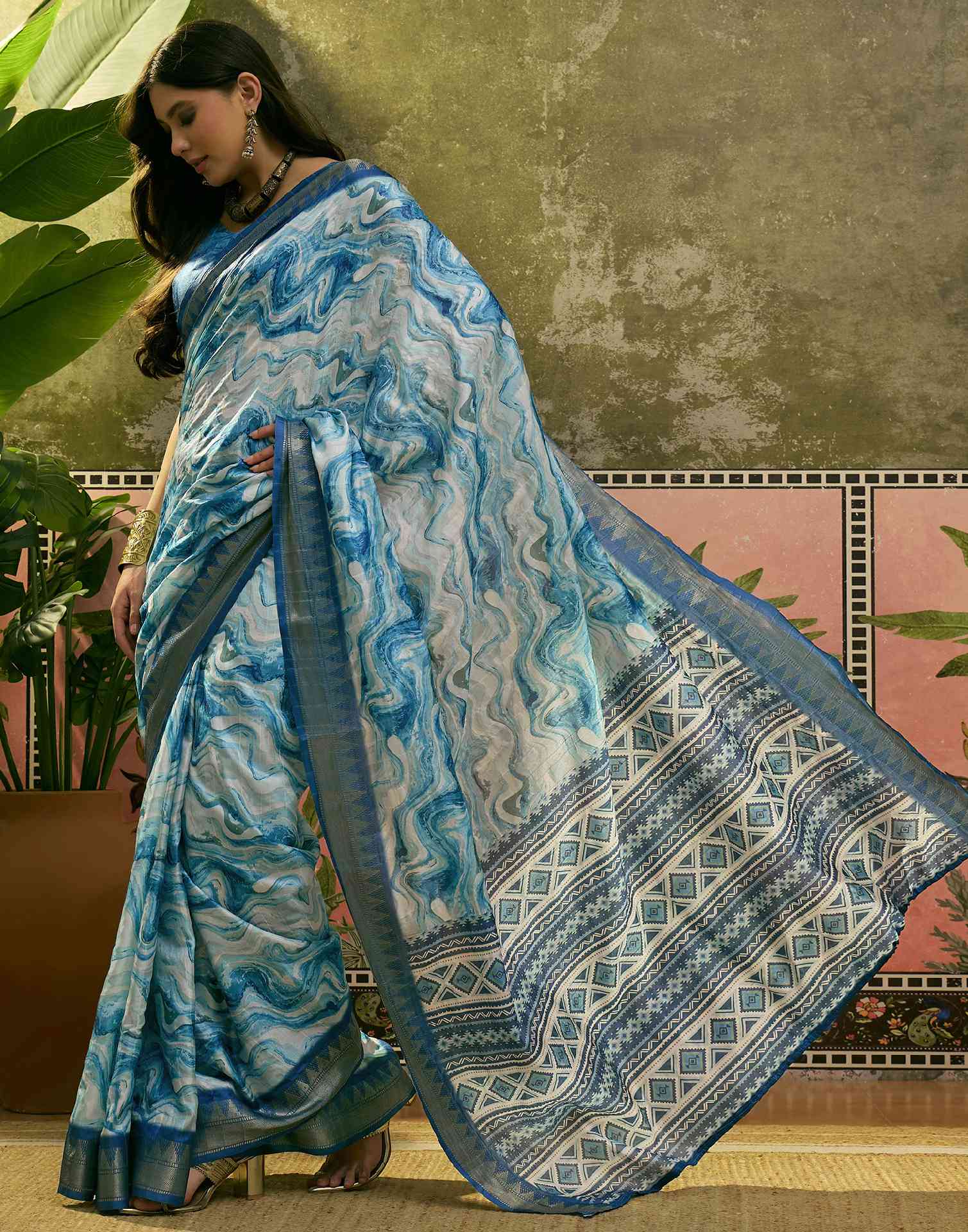 Sky Blue Silk Woven Printed Saree - Image 5