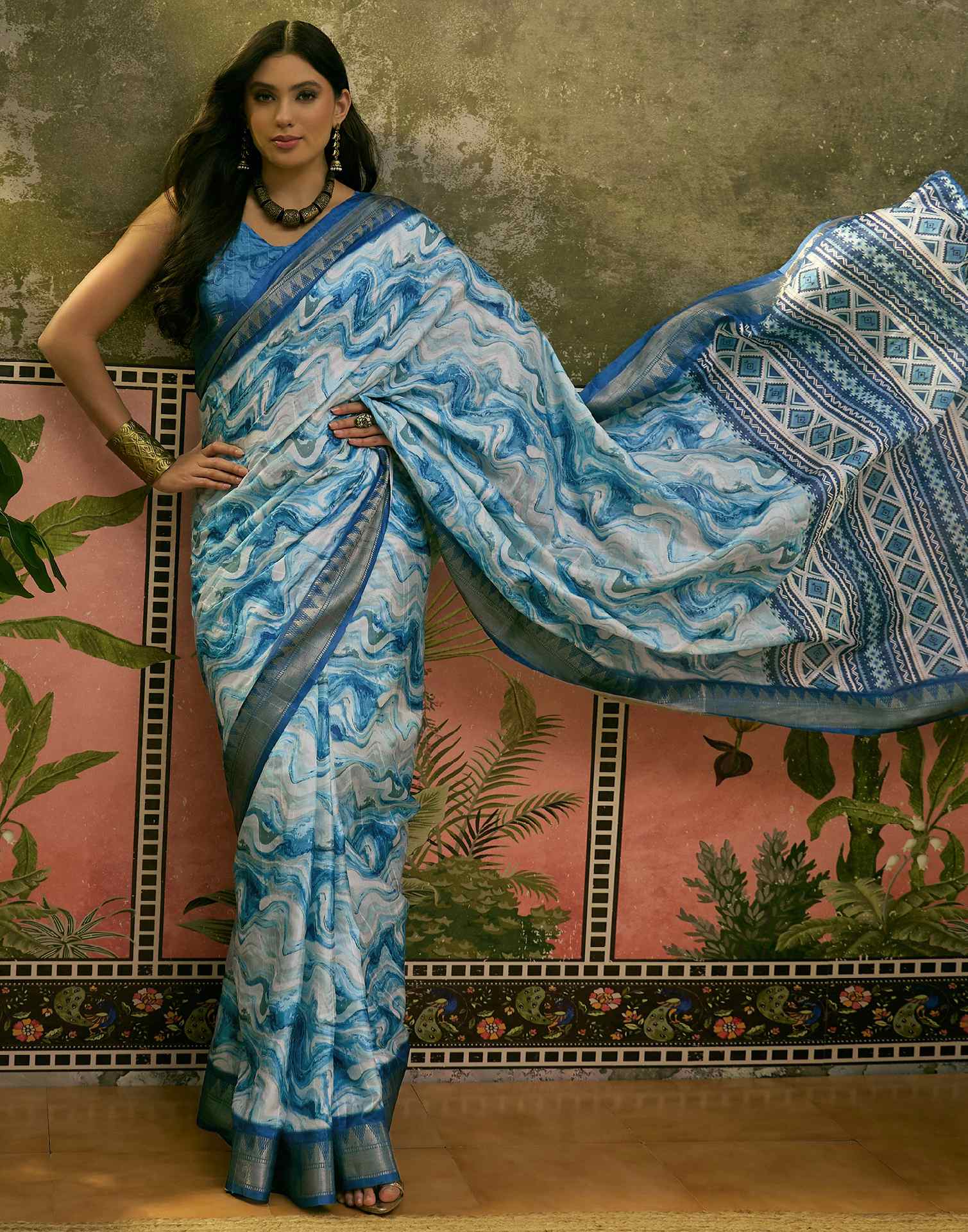 Sky Blue Silk Woven Printed Saree - Image 6